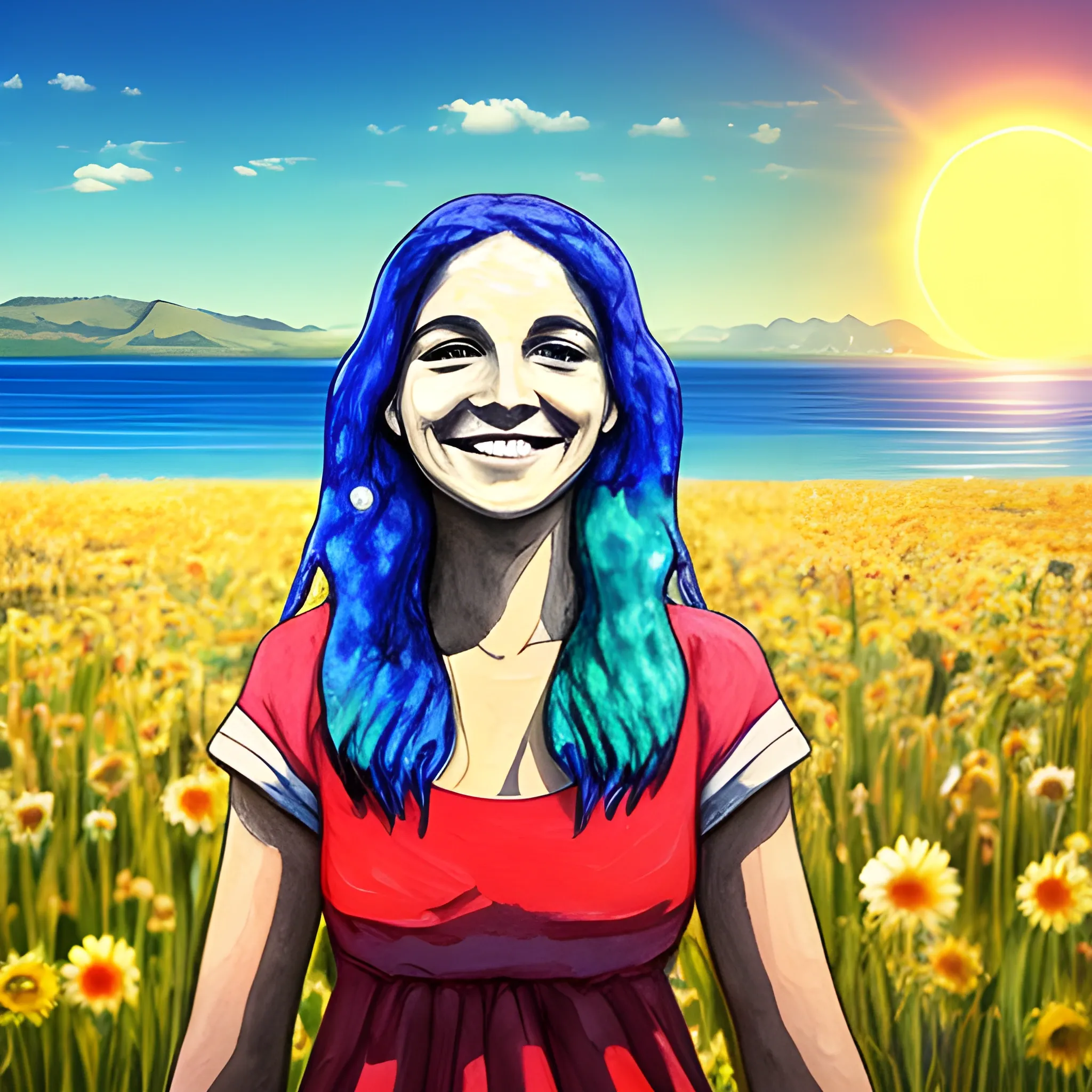 Uma mulher sorridente em um campo ensolarado, com raios de sol brilhando ao seu redor enquanto ela visualiza seus sonhos se manifestando. Ao fundo, símbolos de afirmações positivas flutuam no ar, criando uma atmosfera de esperança e possibilidade.

--ar 16:9, Trippy, Water Color