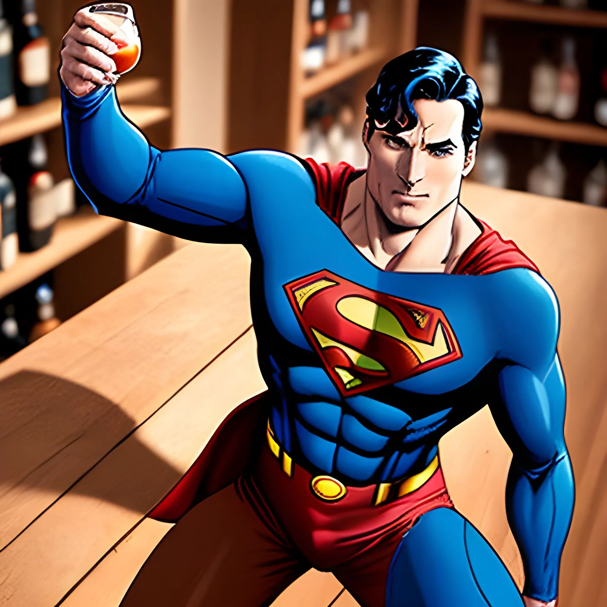 superman tomando un whiskey marca blue label, hiperealista