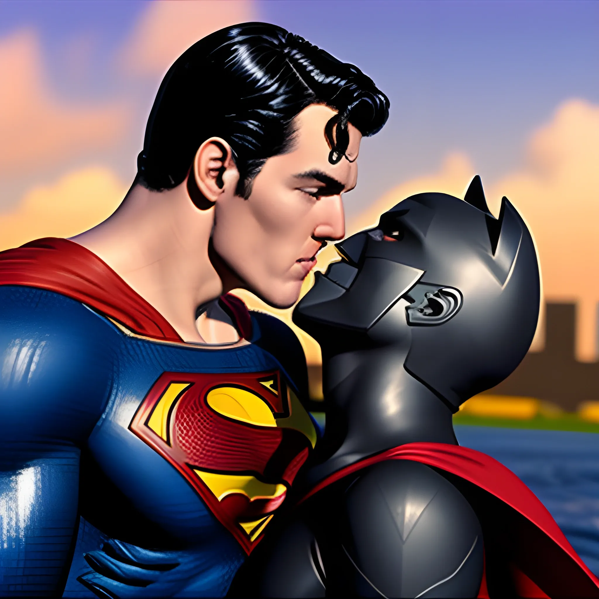 superman dandose un beso con batman hiperralista, 3D