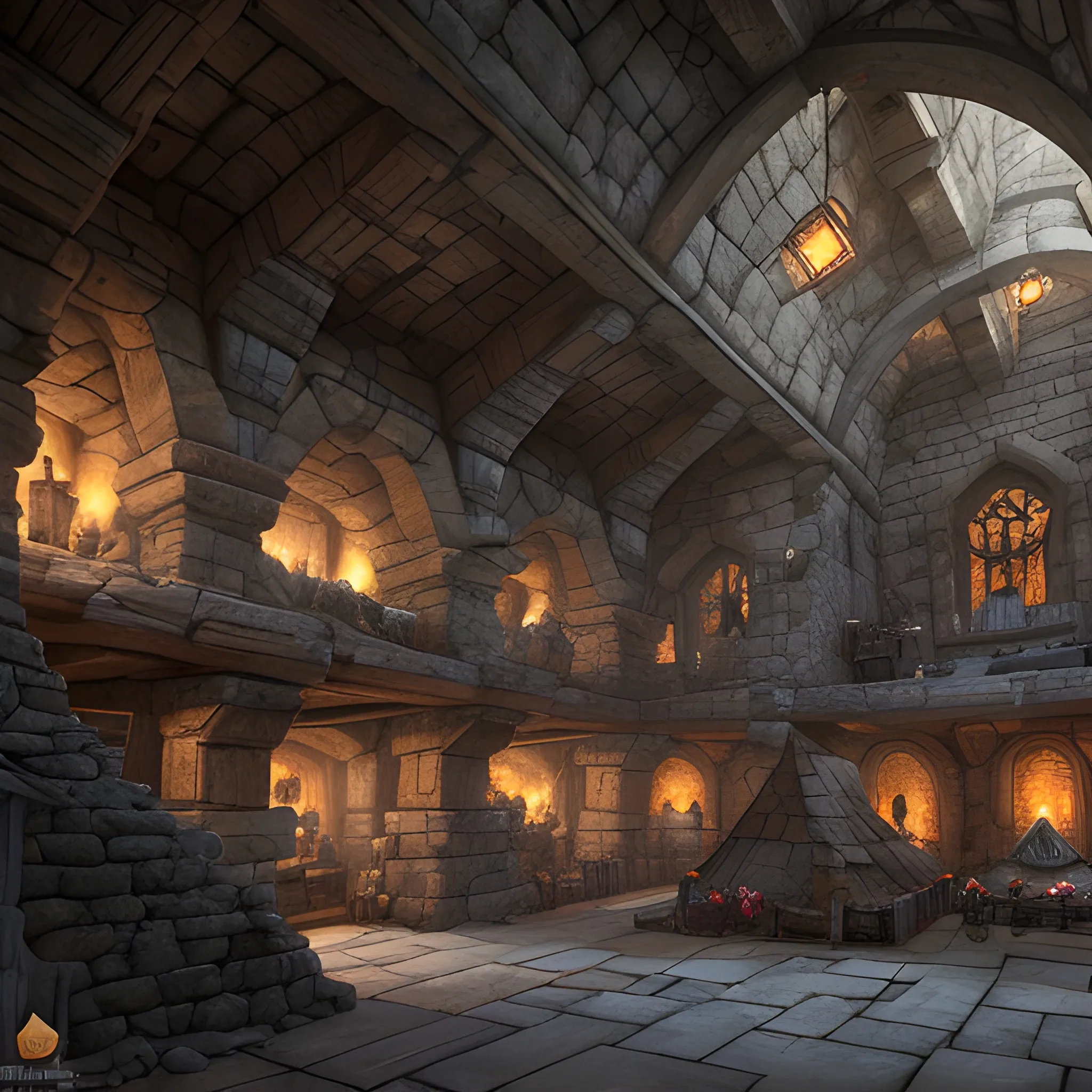 Underground forge, medieval, dwarven forge, super spacious, tall ceiling, stone floor and walls, many tents, anvils, shopping district, dark, many people, selling posts, view from inside, weapons and armors, high resolution, detailed, 8k, detailed matte painting, fantastical, intricate detail, splash screen, complementary colors, fantasy concept art