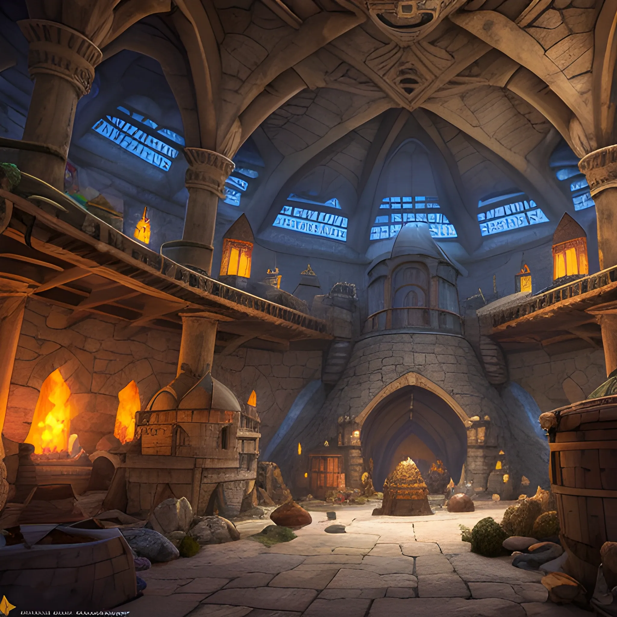 Underground forge, medieval, dwarven forge, super spacious, tall ceiling, underground dome, raw stone floor and walls, unpolished, many tents, anvils, shopping district, super dark, lot of people, selling posts, view from inside, weapons and armors, high resolution, detailed, 8k, detailed matte painting, fantastical, intricate detail, splash screen, complementary colors, fantasy concept art