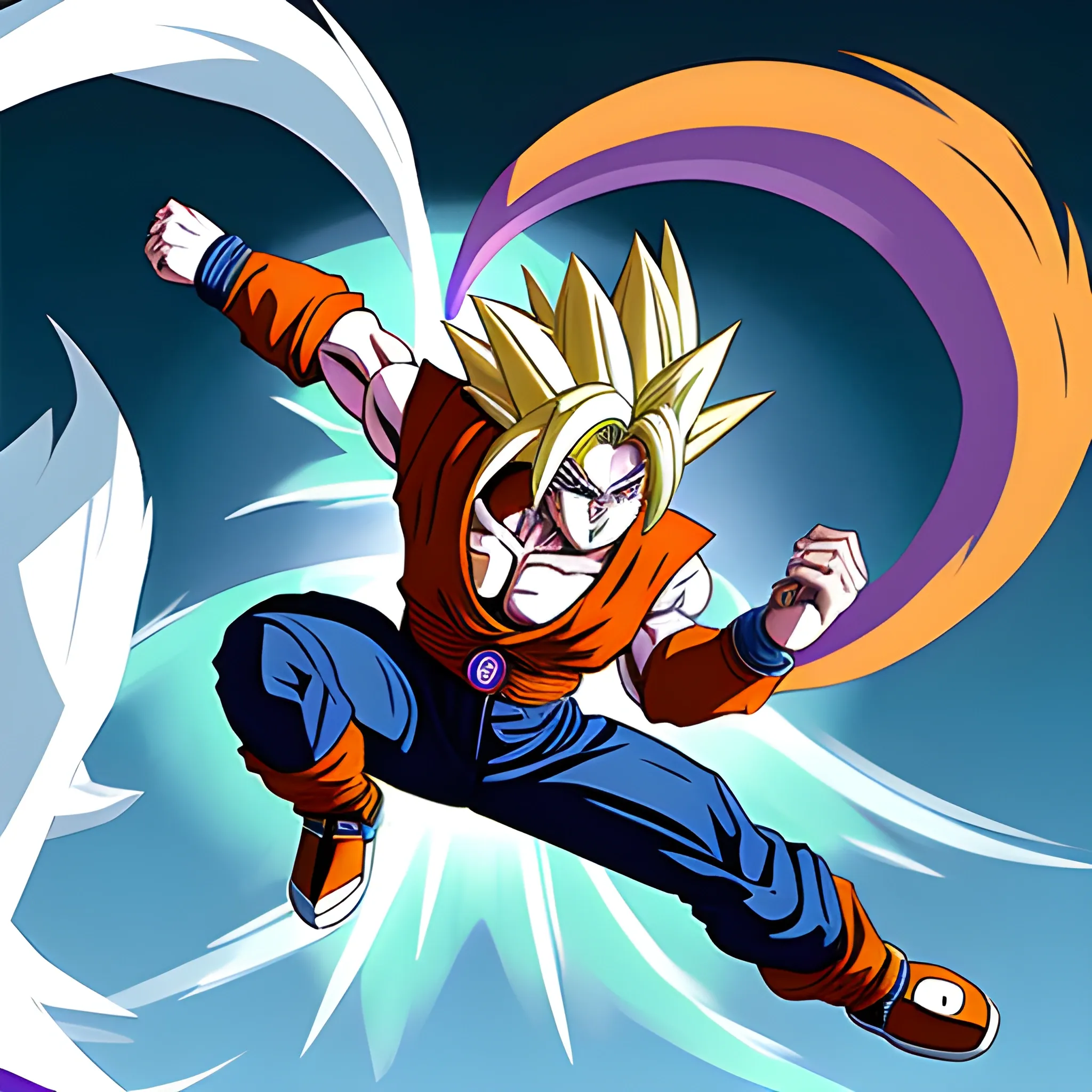 los personajes de dragonbal z:
Androide A18 volando con goku bajo un arcoiris, Cartoon