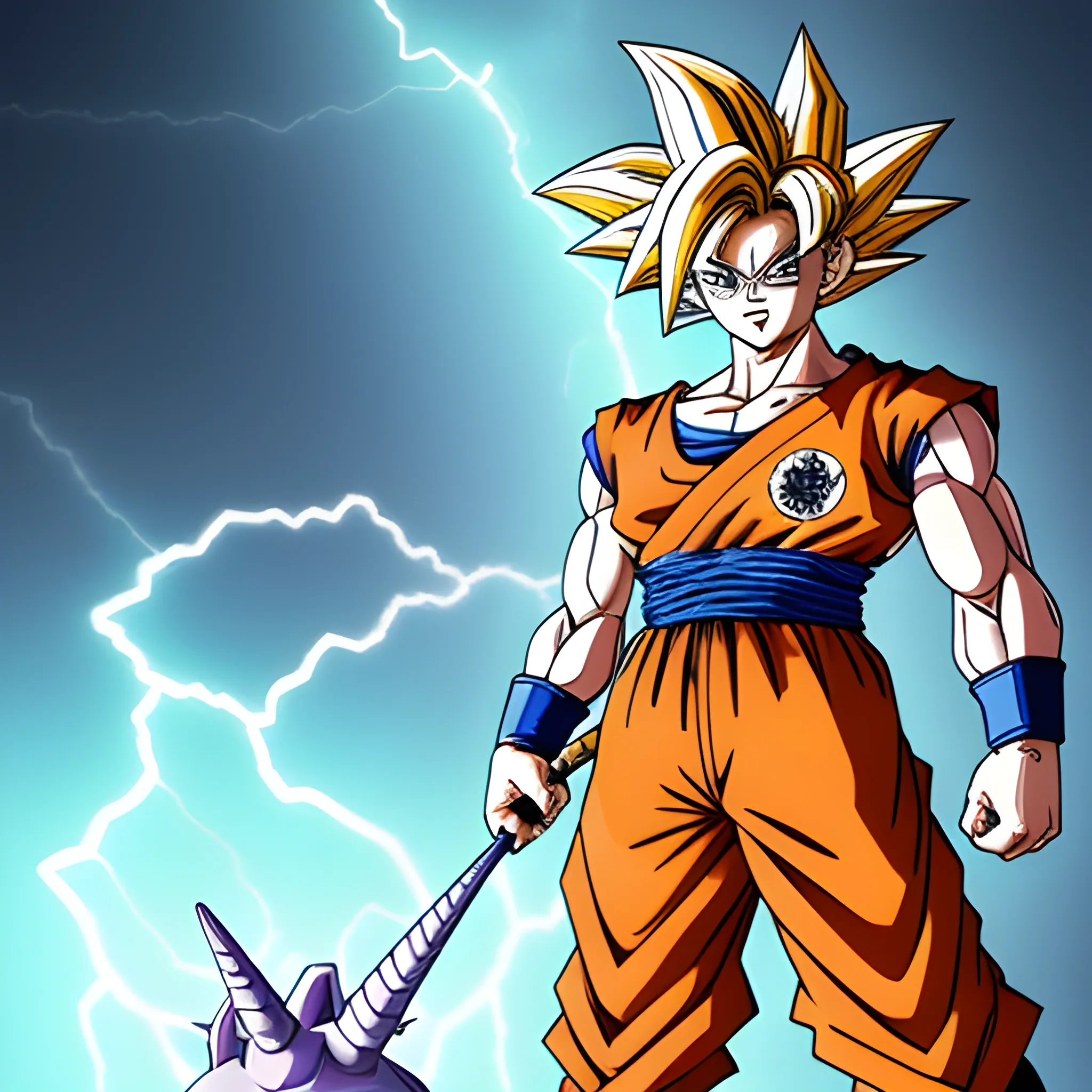 Goku, con su característico traje naranja y azul, se encontraba en medio de la Segunda Guerra Mundial. A su lado, un unicornio arcoiris resplandeciente, listo para la batalla. Juntos, formaban una imagen impresionante y surrealista. El unicornio, con su crin de colores vivos y un cuerno que brillaba con la luz del valor, llevaba a Goku a través de los campos de batalla en 3D, esquivando los estruendos de la guerra con agilidad y gracia. Era una visión de esperanza y fuerza en un tiempo de oscuridad."
