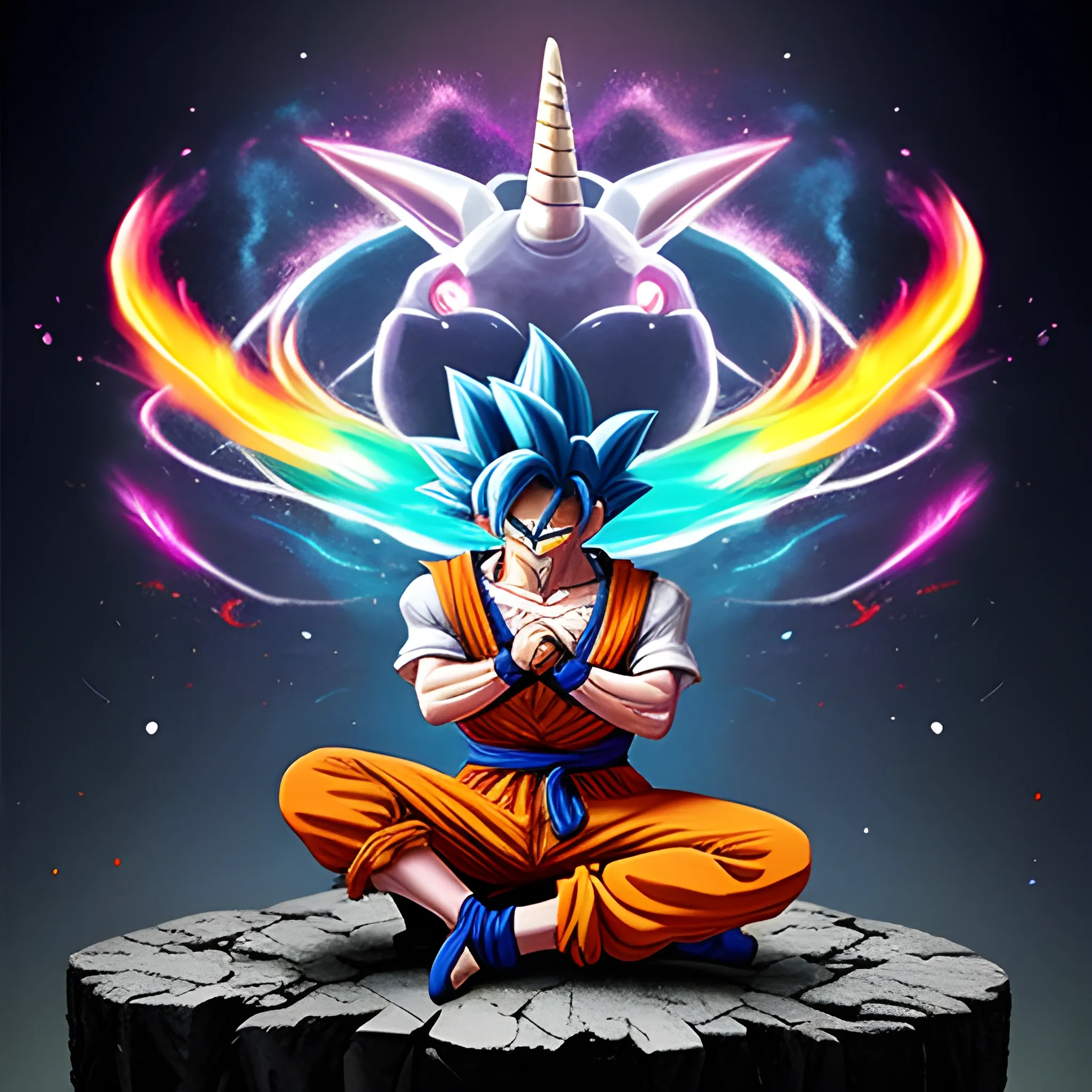 Goku, con su característico traje naranja y azul, se encontraba en medio de la Segunda Guerra Mundial. A su lado, un unicornio arcoiris resplandeciente, listo para la batalla. Juntos, formaban una imagen impresionante y surrealista. El unicornio, con su crin de colores vivos y un cuerno que brillaba con la luz del valor, llevaba a Goku a través de los campos de batalla en 3D, esquivando los estruendos de la guerra con agilidad y gracia. Era una visión de esperanza y fuerza en un tiempo de oscuridad."
, Trippy