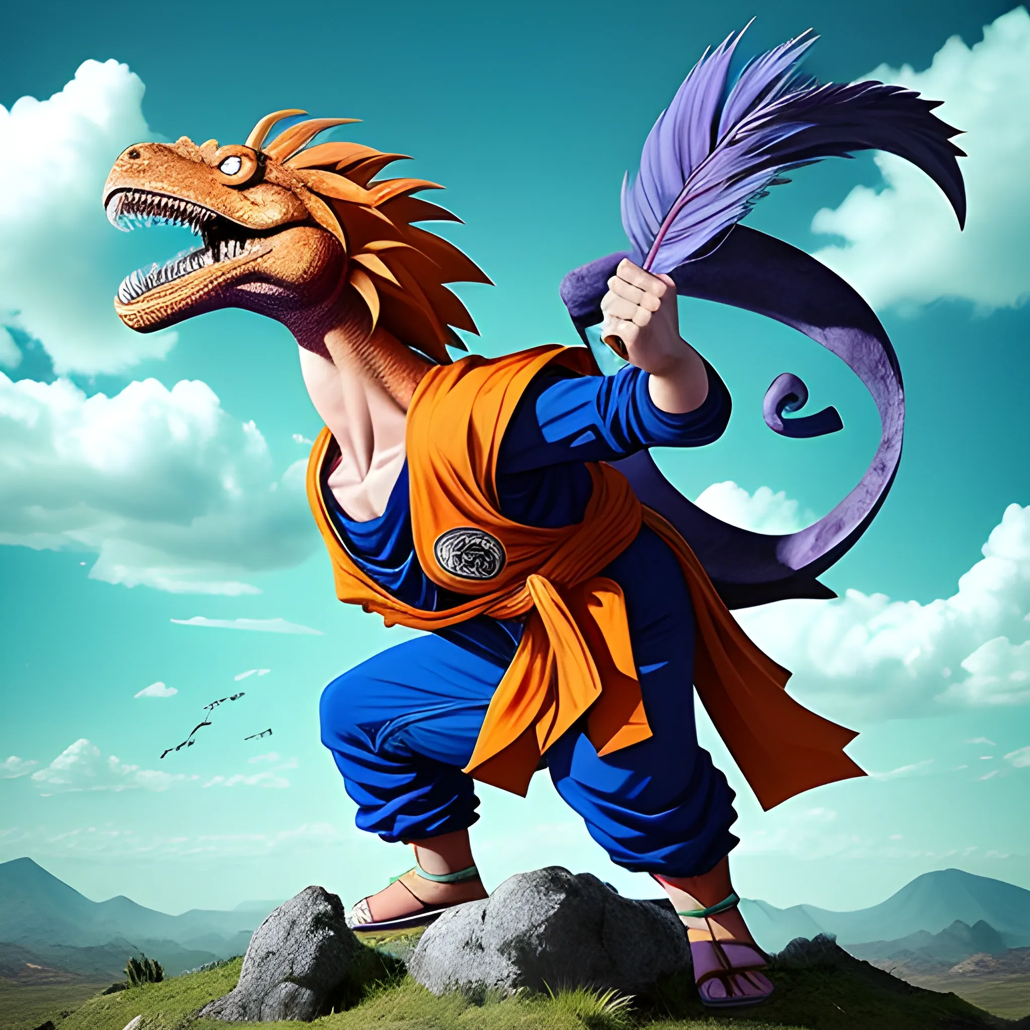 Goku, con su característico traje naranja y azul, se encontraba en medio de la Segunda Guerra Mundial. A su lado, un tiranoraurio rex, montado por la androide Rubia Numero 18. Juntos, formaban una imagen impresionante y surrealista. El tiranosaurio, con plumas de colores que brillaba con la luz del valor, llevaba a Goku a través de los campos de batalla en 3D, esquivando los rayos de la guerra con agilidad y gracia. Era una visión de esperanza y fuerza en un tiempo de oscuridad."
, Trippy