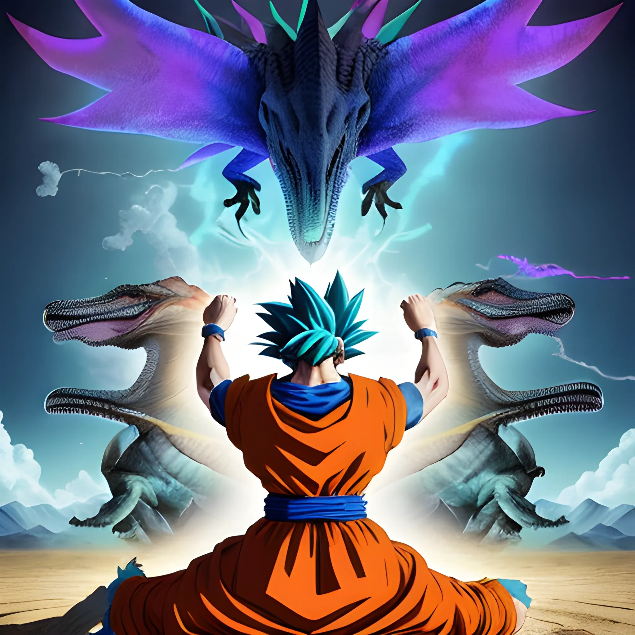 Goku, vestido con su icónico traje naranja y azul, se hallaba en medio de la Segunda Guerra Mundial. A su lado, un tiranosaurio rex, cabalgado por la androide Rubia Número 18. Juntos, conformaban una escena impresionante y surrealista. El tiranosaurio, adornado con plumas de colores que resplandecían con la luz del coraje, transportaba a Goku a través de los campos de batalla tridimensionales, esquivando los estragos de la guerra con agilidad y elegancia. Representaban una visión de esperanza y fortaleza en una época de oscuridad."
, Trippy