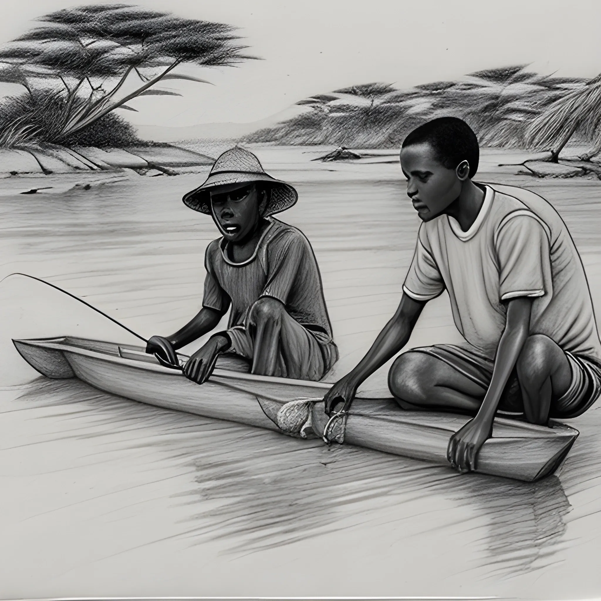 chicos en africa con cayucos pescando
, Pencil Sketch