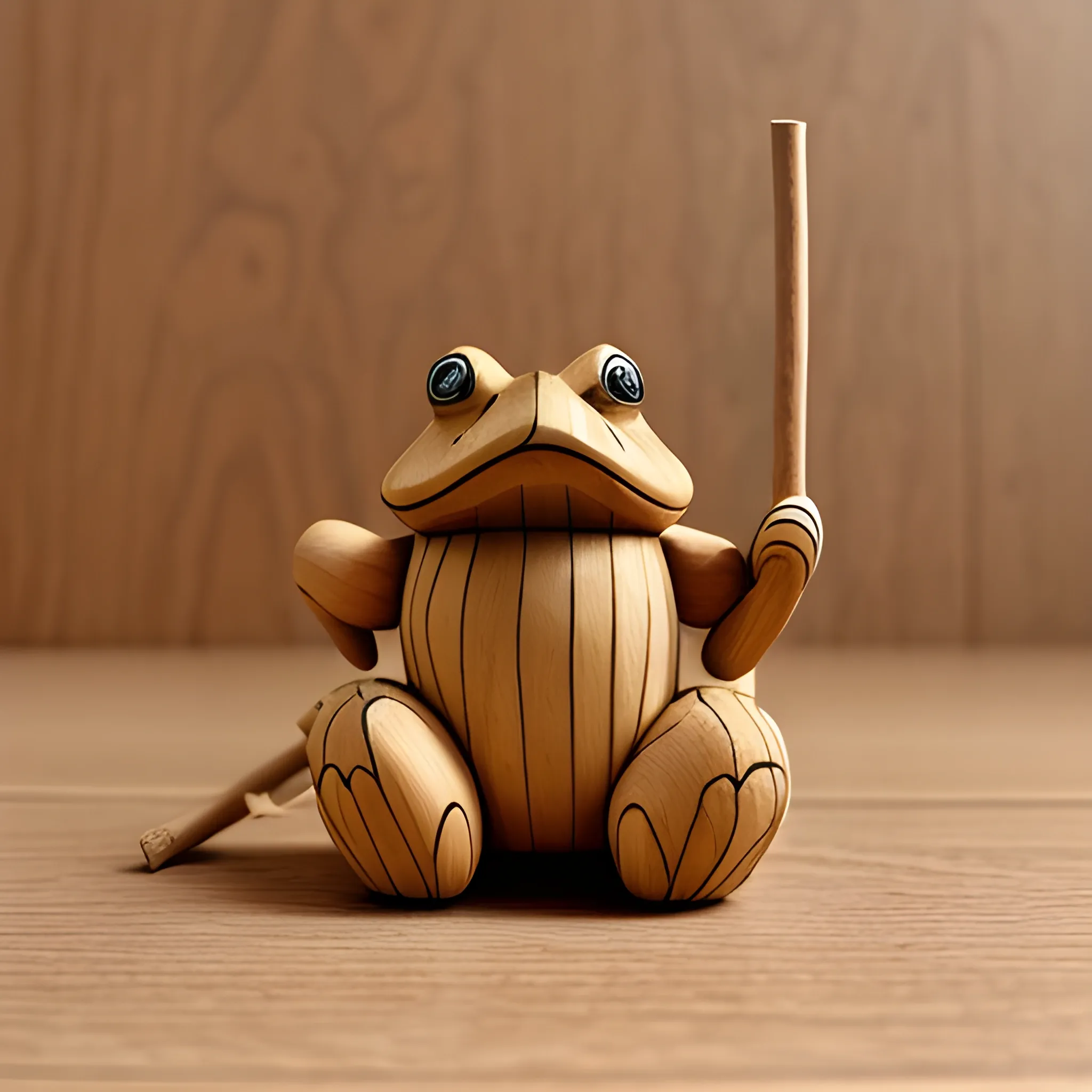 an intricate wooden toy in the shape of a toad, with a stick in its mouth to make sounds