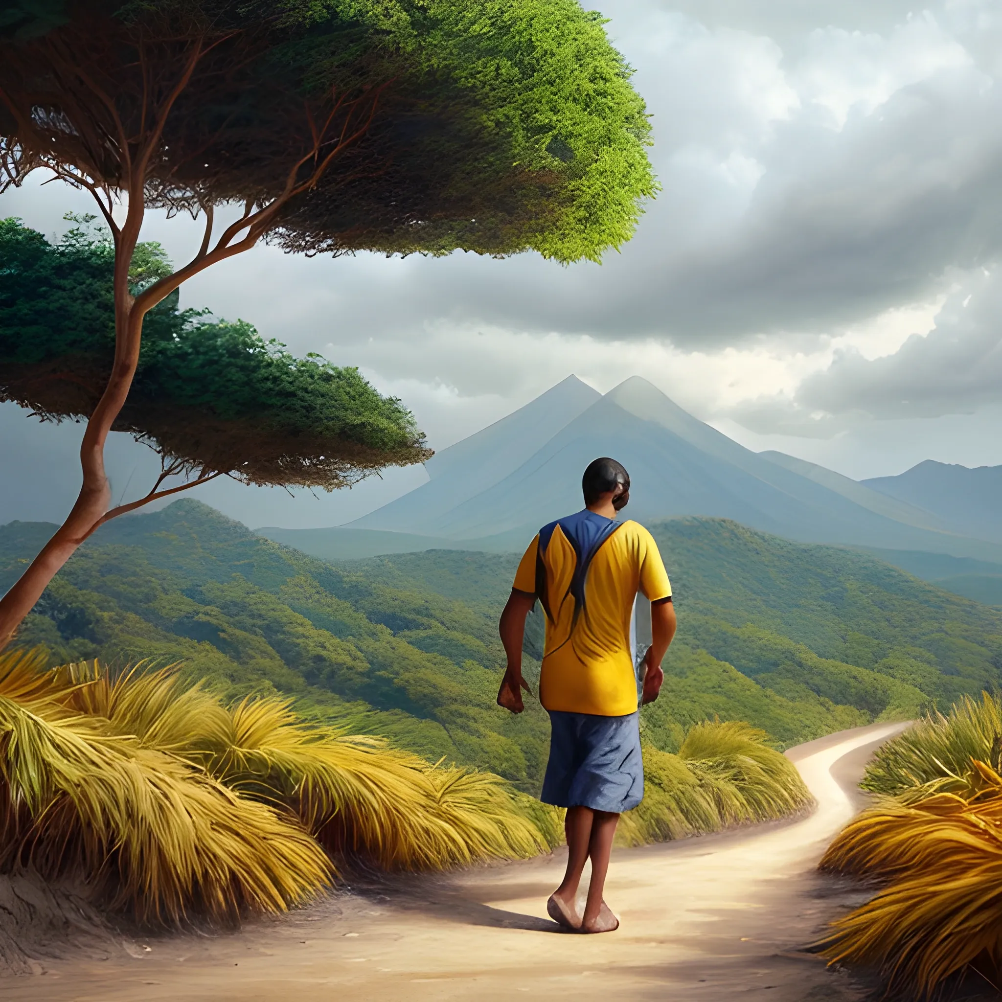 La imagen muestra una escena serena y evocadora en un entorno tropical. En el centro de la composición, se encuentra la silueta de un hombre bantú caminando hacia el horizonte, con la vista fijada en el futuro. Su figura está delineada en tonos oscuros, destacándose contra el fondo que muestra un paisaje de selva exuberante. El hombre lleva puesto un atuendo tradicional bantú, con detalles que reflejan la cultura y las tradiciones locales. Su tono de piel es cálido y oscuro, representando la diversidad étnica de Guinea Ecuatorial y de los pueblos bantúes. Alrededor de él, se pueden ver árboles tropicales, hojas frondosas y algunos animales silvestres que añaden dinamismo a la escena. El cielo está pintado en tonos suaves de azul y amarillo, evocando la calidez y la belleza del clima africano. En la distancia, se vislumbran las siluetas de las montañas, creando un horizonte majestuoso que simboliza las oportunidades y los desafíos que aguardan en el camino.
, Pencil Sketch, , 3D, Oil Painting