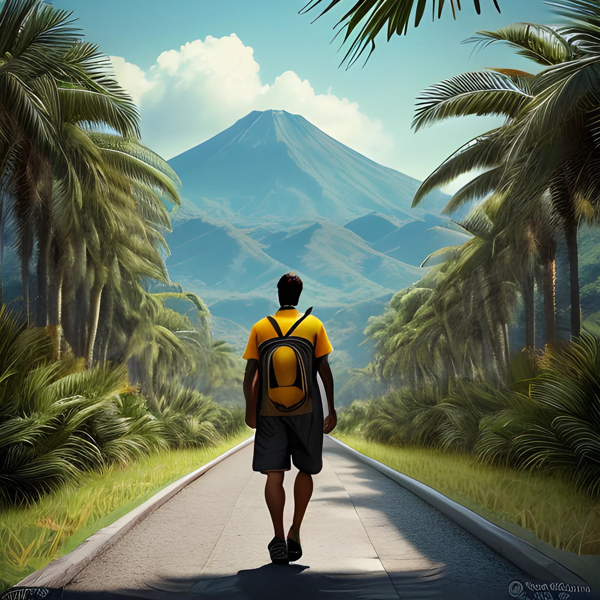 La imagen muestra una escena serena y evocadora en un entorno tropical. En el centro de la composición, se encuentra la silueta de un hombre bantú caminando hacia el horizonte, con la vista fijada en el futuro. Su figura está delineada en tonos oscuros, destacándose contra el fondo que muestra un paisaje de selva exuberante. El hombre lleva puesto un atuendo tradicional bantú, con detalles que reflejan la cultura y las tradiciones locales. Su tono de piel es cálido y oscuro, representando la diversidad étnica de Guinea Ecuatorial y de los pueblos bantúes. Alrededor de él, se pueden ver árboles tropicales, hojas frondosas y algunos animales silvestres que añaden dinamismo a la escena. El cielo está pintado en tonos suaves de azul y amarillo, evocando la calidez y la belleza del clima africano. En la distancia, se vislumbran las siluetas de las montañas, creando un horizonte majestuoso que simboliza las oportunidades y los desafíos que aguardan en el camino.
, Pencil Sketch, , 3D,