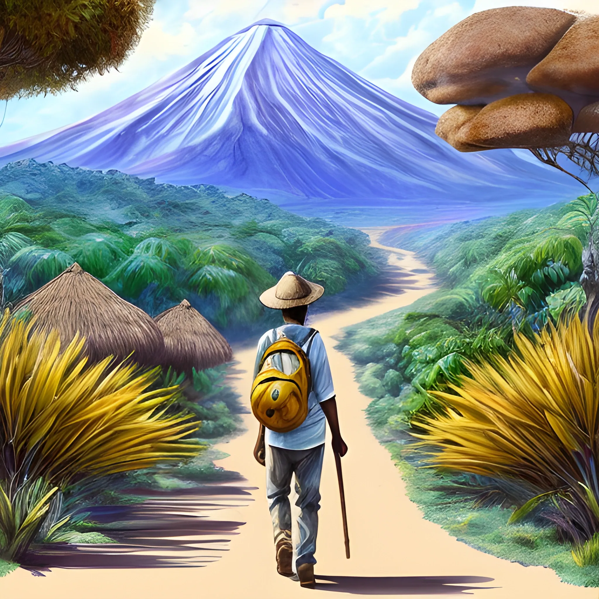 La imagen muestra una escena serena y evocadora en un entorno tropical. En el centro de la composición, se encuentra la silueta de un hombre bantú caminando hacia el horizonte, con la vista fijada en el futuro. Su figura está delineada en tonos oscuros, destacándose contra el fondo que muestra un paisaje de selva exuberante. El hombre lleva puesto un atuendo tradicional bantú, con detalles que reflejan la cultura y las tradiciones locales. Su tono de piel es cálido y oscuro, representando la diversidad étnica de Guinea Ecuatorial y de los pueblos bantúes. Alrededor de él, se pueden ver árboles tropicales, hojas frondosas y algunos animales silvestres que añaden dinamismo a la escena. El cielo está pintado en tonos suaves de azul y amarillo, evocando la calidez y la belleza del clima africano. En la distancia, se vislumbran las siluetas de las montañas, creando un horizonte majestuoso que simboliza las oportunidades y los desafíos que aguardan en el camino.
, Pencil Sketch, , 3D,, Water Color, Trippy, Cartoon, Oil Painting