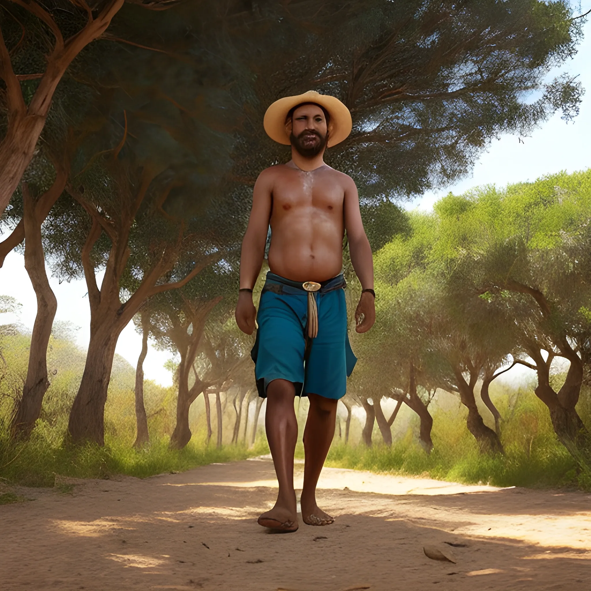 Caminando con paso seguro y elegante por el sendero polvoriento, se encuentra un hombre Bantú. Su estatura es mediana, con una complexión atlética y musculosa, resultado de la vida activa y la agricultura que ha practicado desde su juventud. Su piel es de un tono cálido y oscuro, bronceada por el sol africano, con facciones fuertes y angulares que reflejan una determinación tranquila.

Bajo el sol del mediodía, su cabello corto y rizado se agrupa en pequeños rizos apretados, formando una corona natural que enmarca su rostro. Lleva consigo un atuendo tradicional, compuesto por una túnica de colores vivos y vibrantes, con estampados que reflejan la rica herencia cultural de su pueblo Bantú. Un pañuelo envuelve su cabeza, protegiéndola del sol abrasador y añadiendo un toque de estilo a su apariencia.

Mientras avanza por el sendero, su paso es firme y seguro, mostrando una conexión innata con la tierra bajo sus pies. Su andar es ágil y coordinado, reflejando la destreza física que ha desarrollado a lo largo de los años trabajando en los campos y explorando su entorno natural. A su lado, lleva una cesta tejida hábilmente, llena de productos frescos que ha cosechado con sus propias manos.

A medida que avanza, su rostro se ilumina con una sonrisa cálida y acogedora cuando saluda a los conocidos que encuentra en su camino. Su voz es profunda y resonante, llena de la música y la cadencia característica de su idioma bantú. A través de sus ojos oscuros y penetrantes, se vislumbra una sabiduría ancestral y una profunda conexión con la tierra y sus tradiciones.

En resumen, este hombre Bantú encarna la belleza y la fuerza de su pueblo, con rasgos físicos y culturales que reflejan su rica herencia africana y su profundo vínculo con la tierra y la comunidad.




