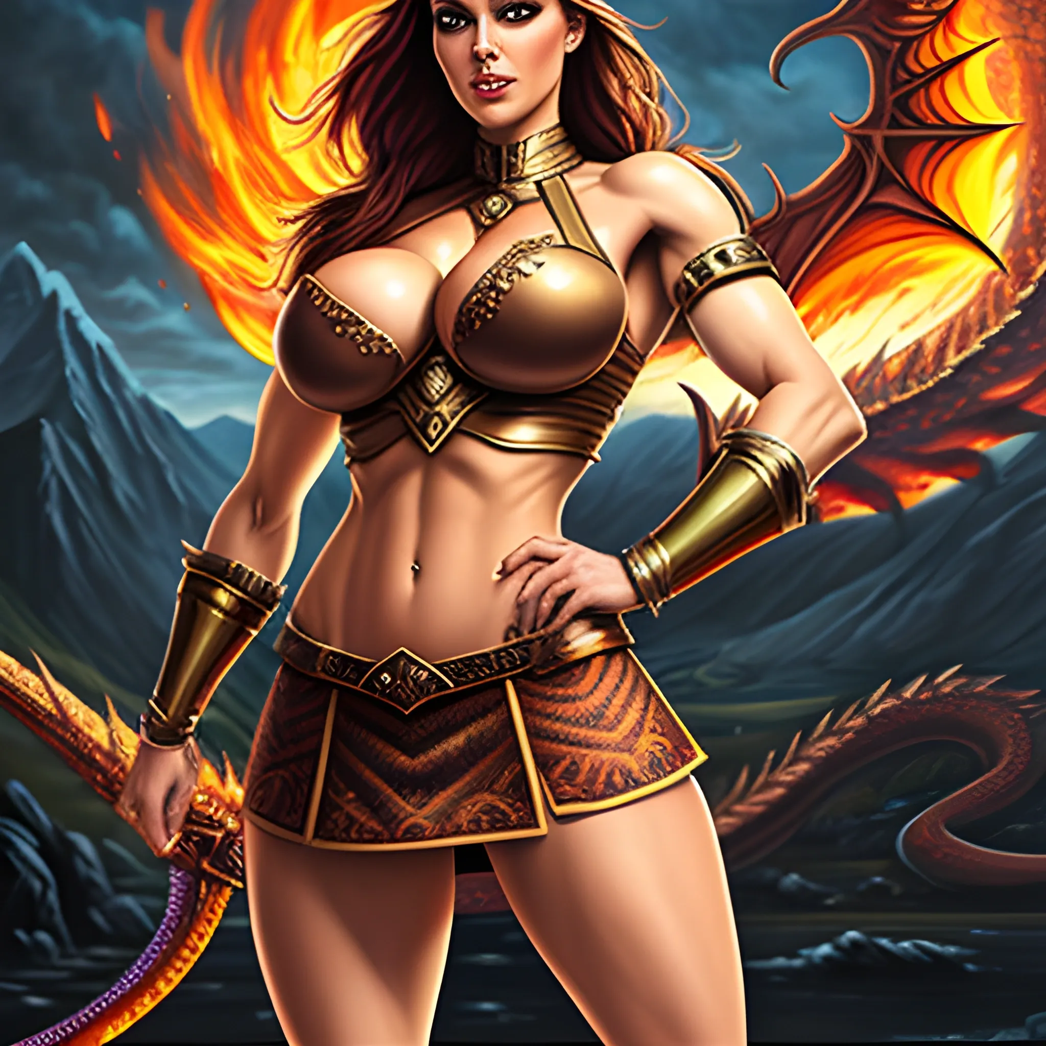 Warrior princess, slim, toned, busty, in short skirt, small top fighting a dragon, Oil Painting