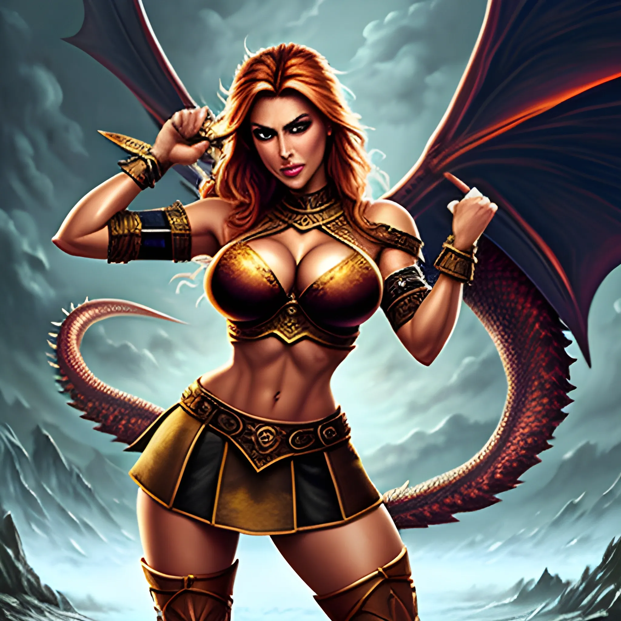 Warrior princess, slim, toned, busty, in short skirt, small top fighting a dragon, Oil Painting