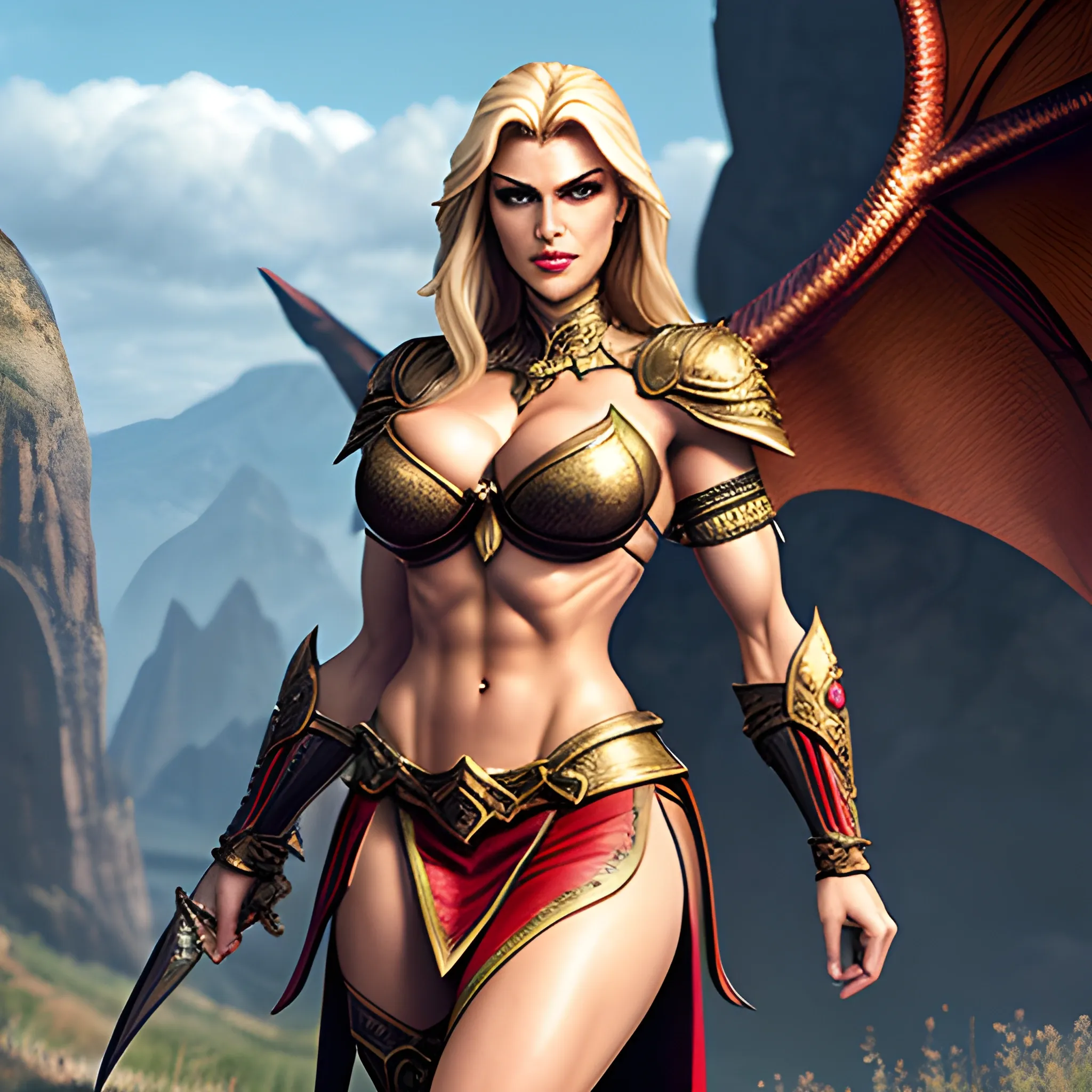 Warrior princess, slim, toned, abs, super busty, in tiny skirt, micro top fighting a dragon, fantasy, photorealistic 