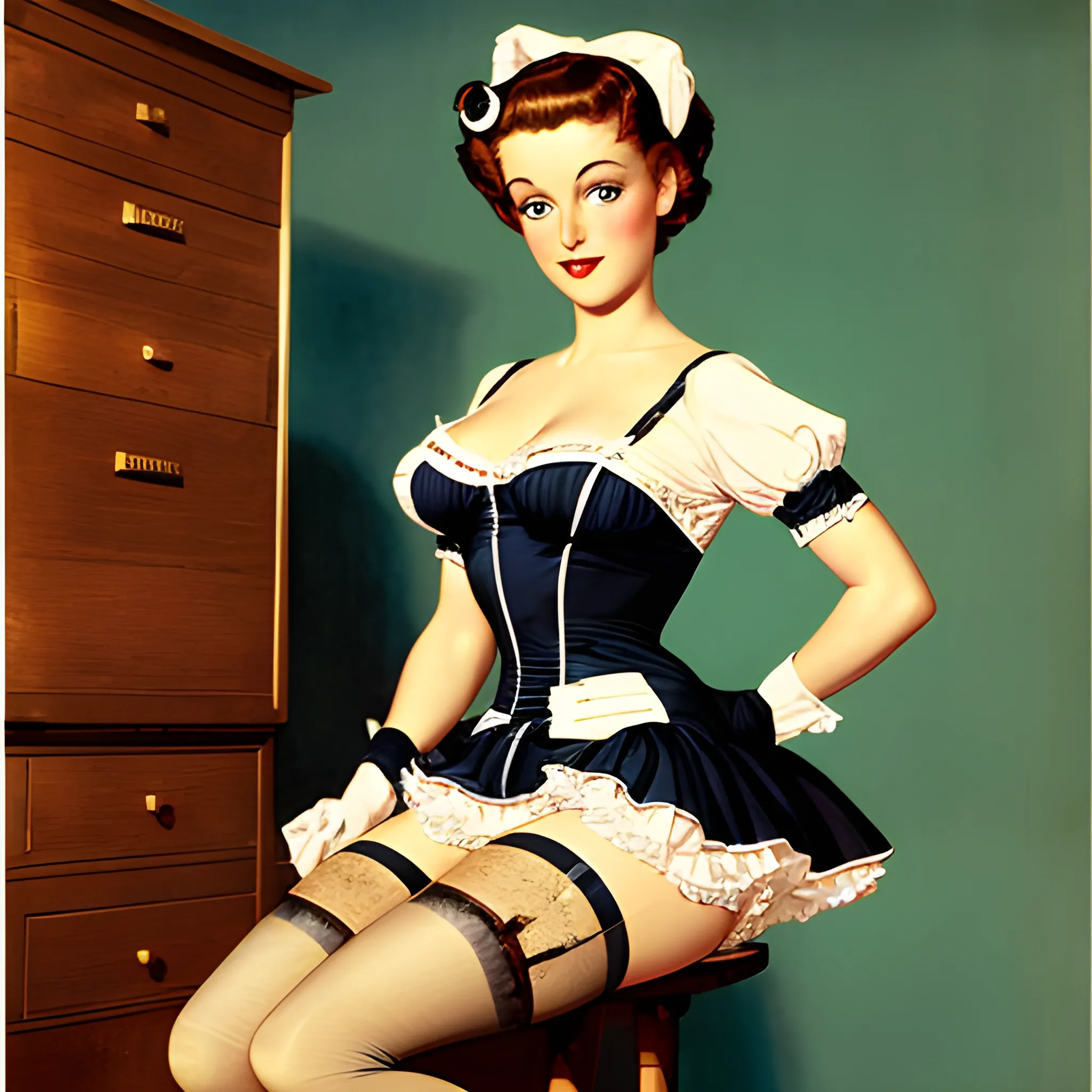 woman in room maid costume, pinup, detailed eyes, thigh stockings, deep decolletage, natural skin, by gil elvgren and rolf armstrong, realistic photo,