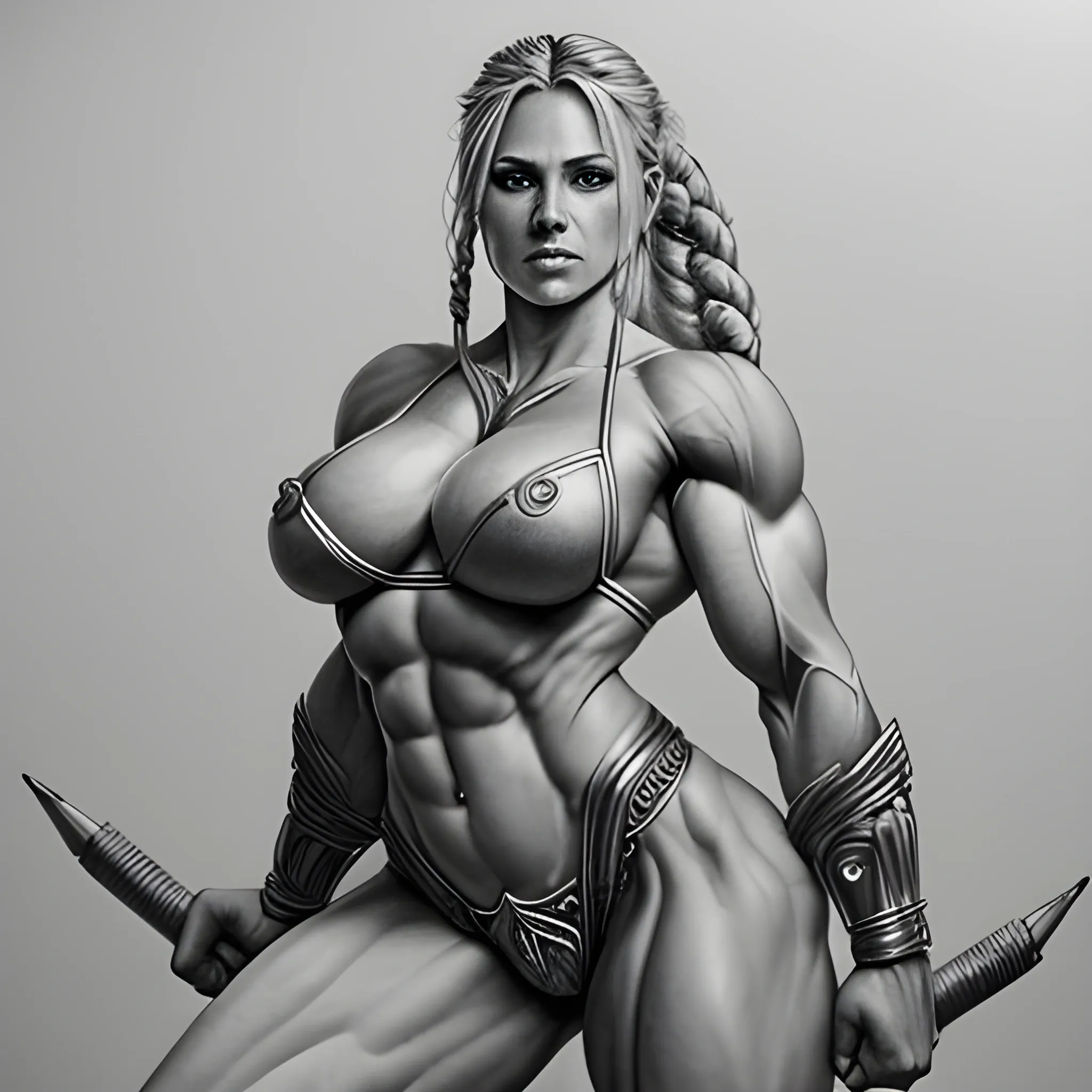 Abnormally massive and stunningly gorgeous Female warrior with with super human strength, with sensual, with long blonde braided hair, busty musculature,  full body, feeling ecstasy, tearing off her clothing, Pencil Sketch