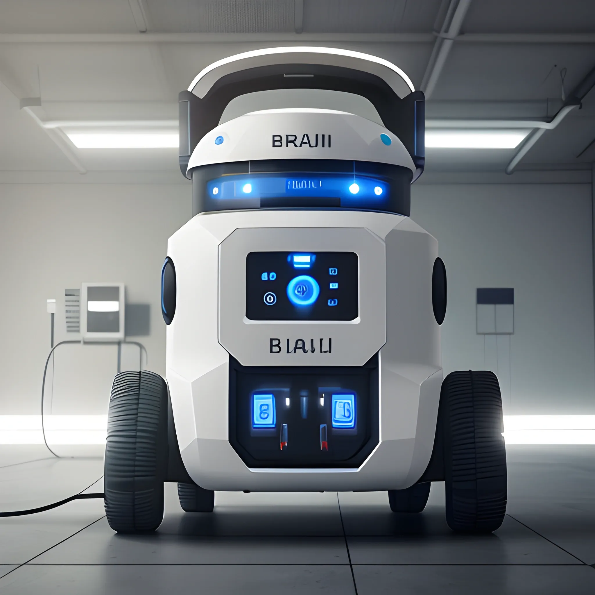 Charging station robot for electric vehicle, BRAUN. industrial design inspiration. Unreal engine render, natural lighting, future design， science fiction