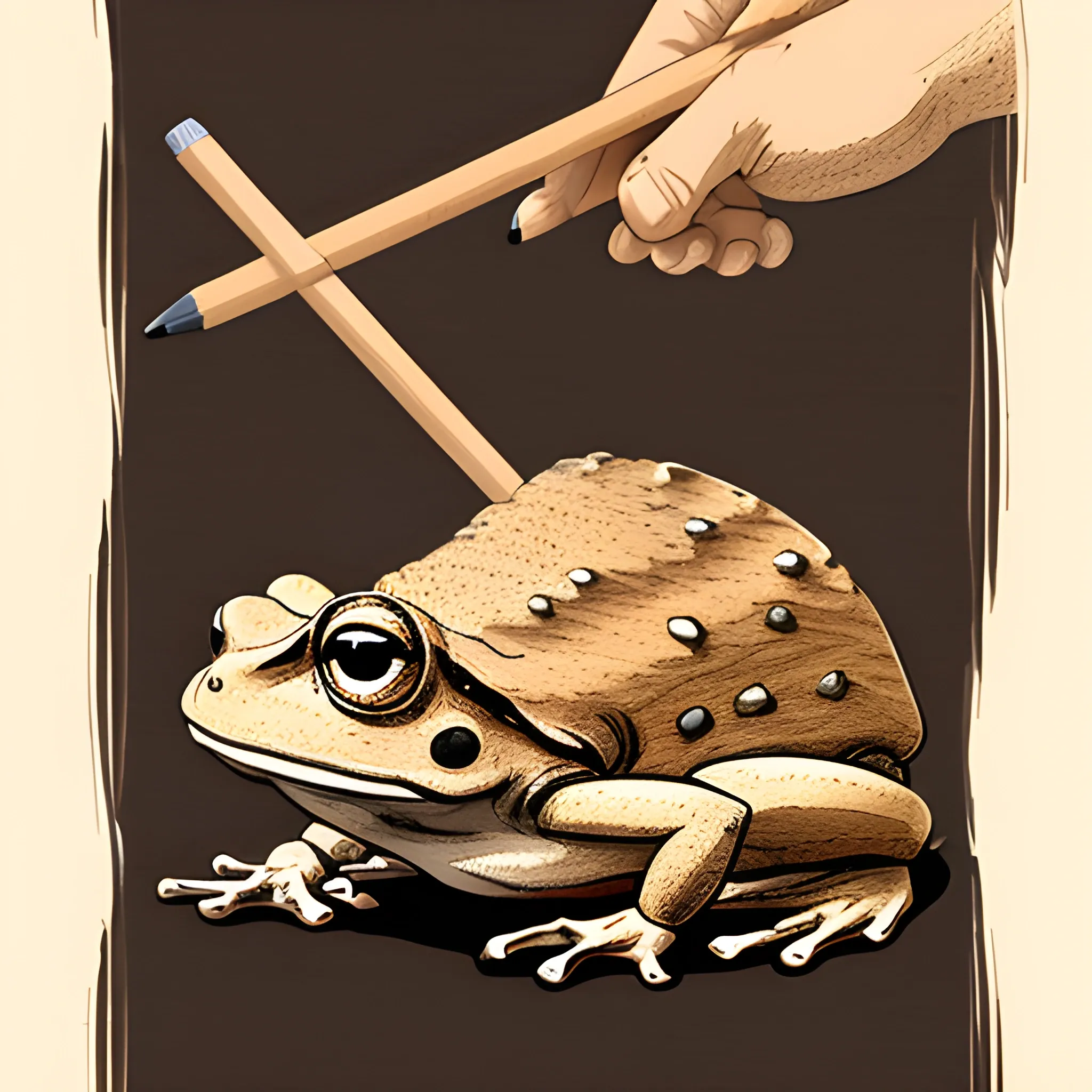 a hand scratches a wooden toad with a wooden stick, Pencil graphics style