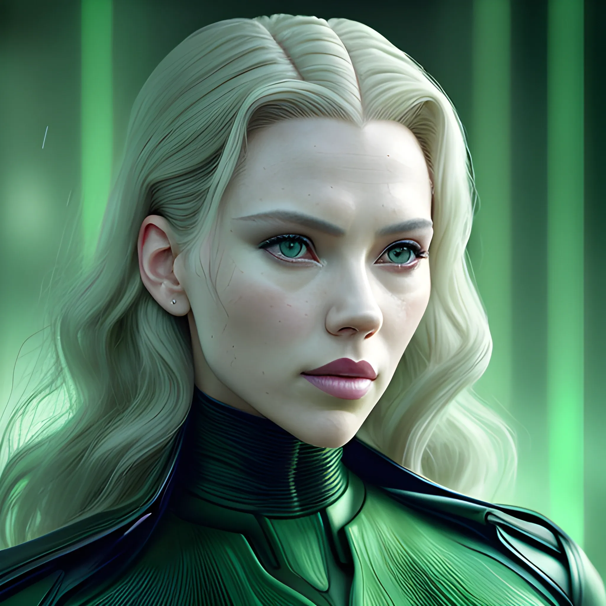 Scarlett Johannsen as Trinity in Matrix, green tones, solemn and elegant, professional photography, best quality, ultra high res, photorealistic, very detailed, very fine hair, detailed skin, HD, photorealistic, brilliant teeth, cinematic, full body