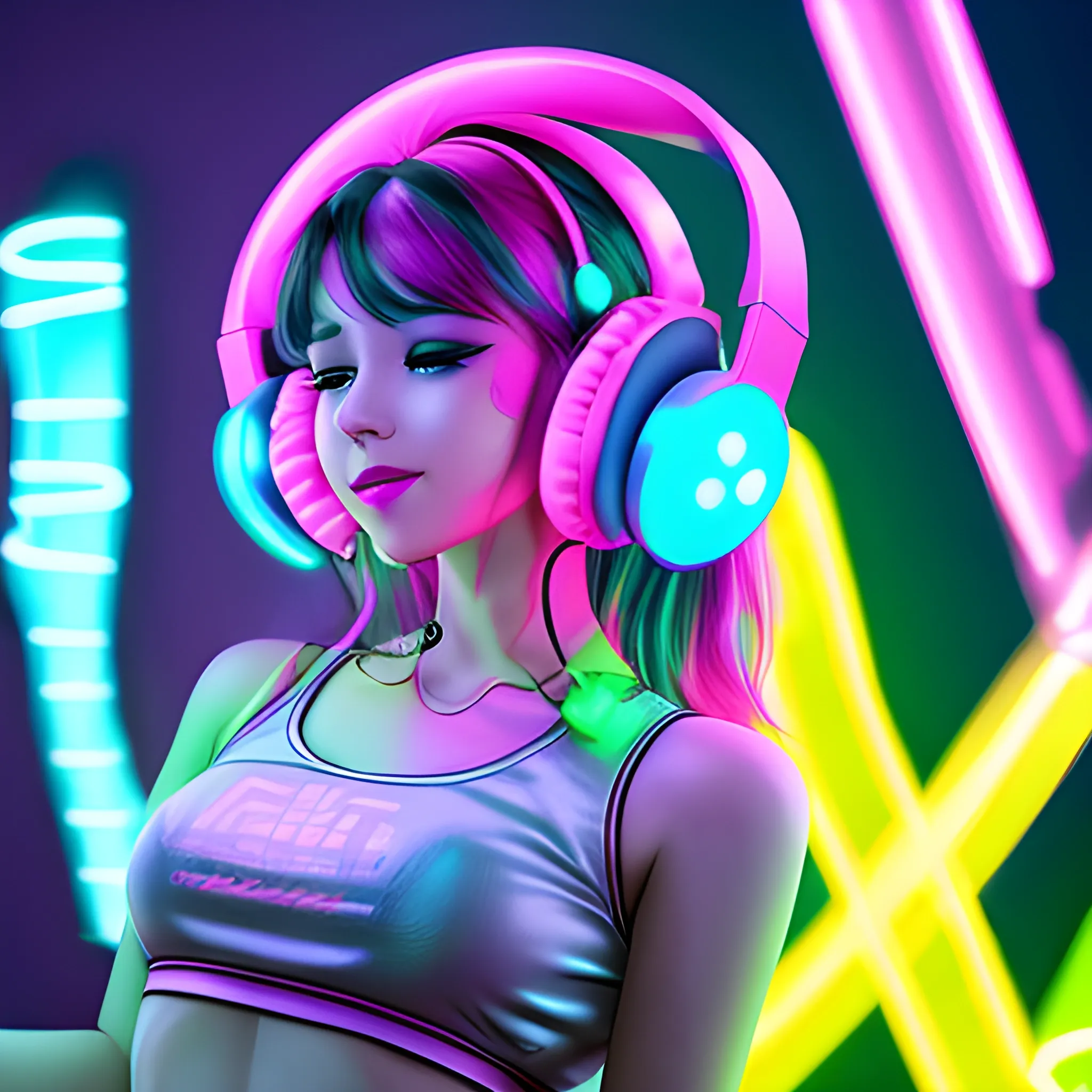 Cute Female 
 headphones dancing neon club