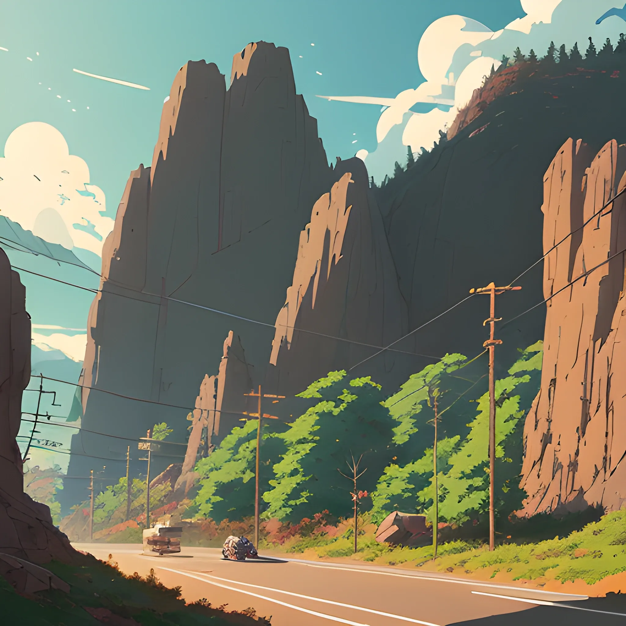 Law angle, landscape, mountain with brush, electric poles, with giants rocks, with road... in the style of makoto shinkai and greg rutkowski and albert bierstadt and james gurney, Cartoon