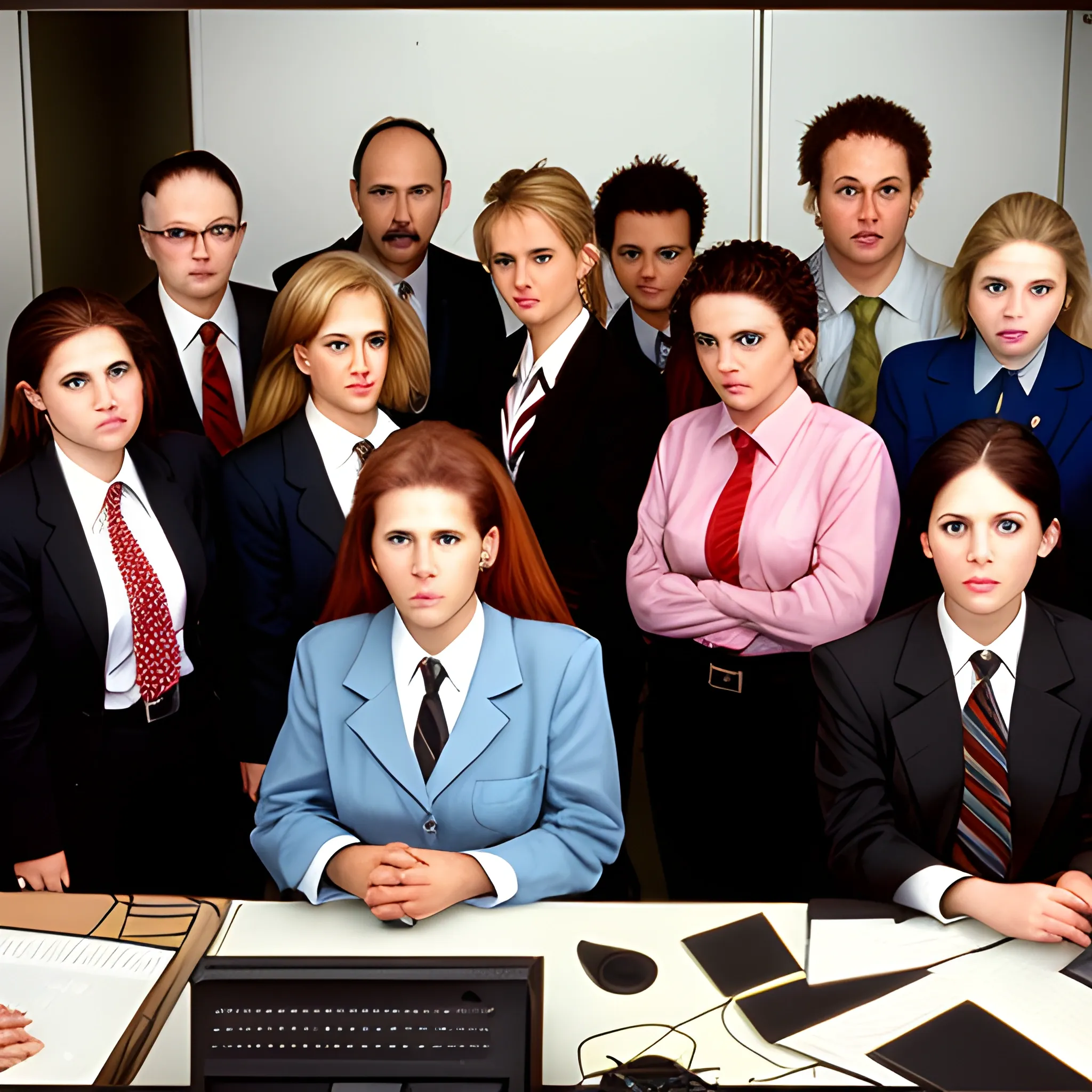 A portrait photography of office workers in the 90's, in which there are females and males