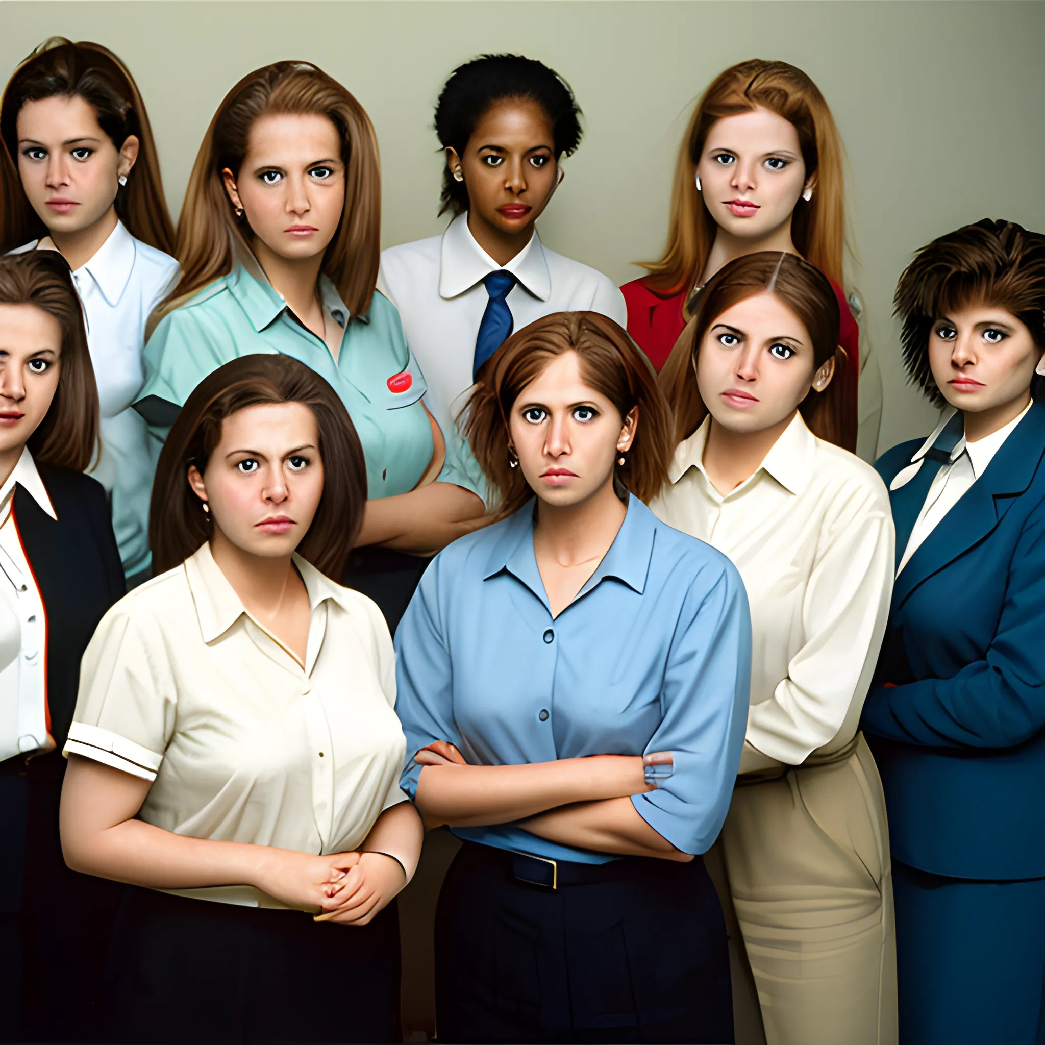 A portrait photography of office workers in the 90's, in which there are seven females and two males