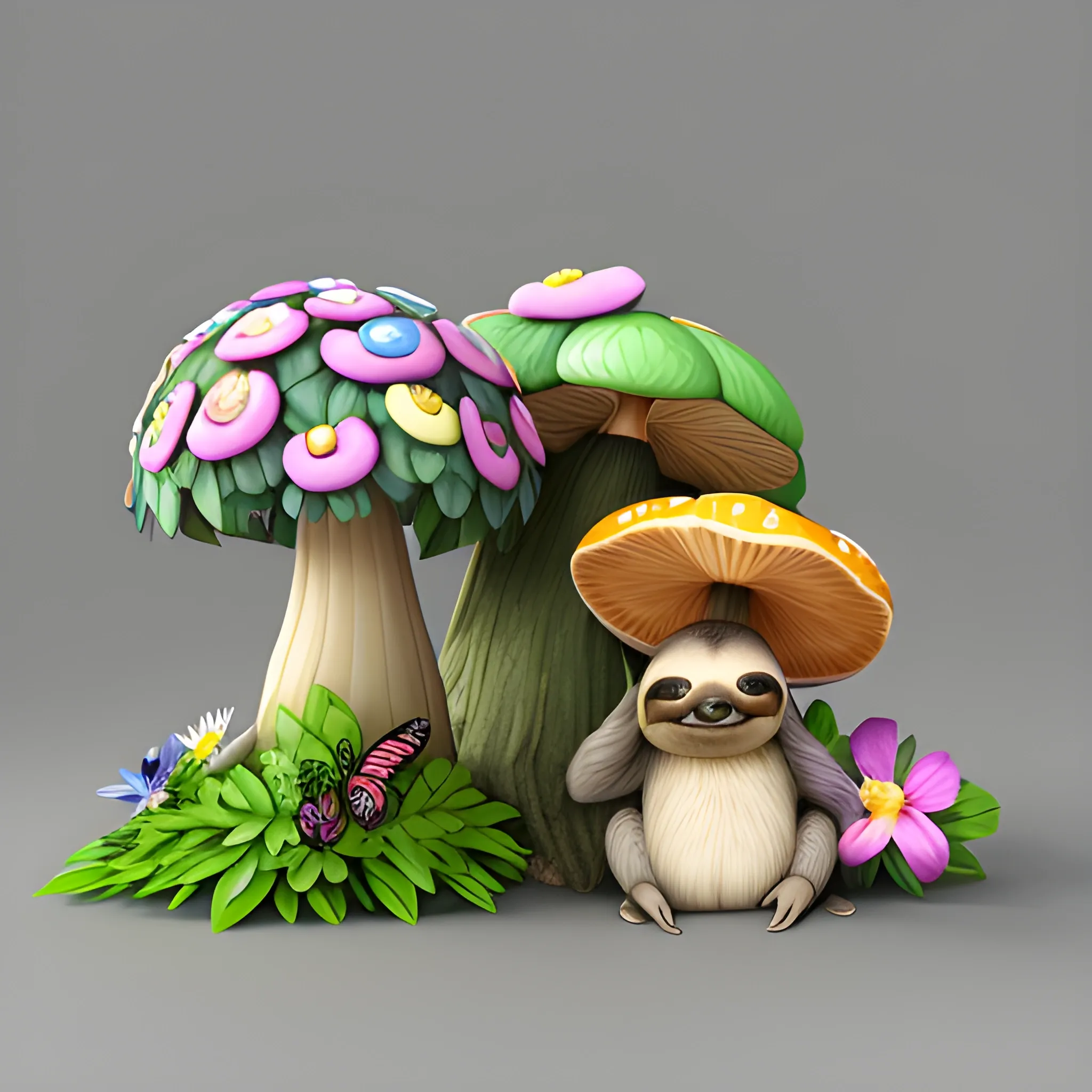 Sloth flowers butterflies mushrooms , 3D