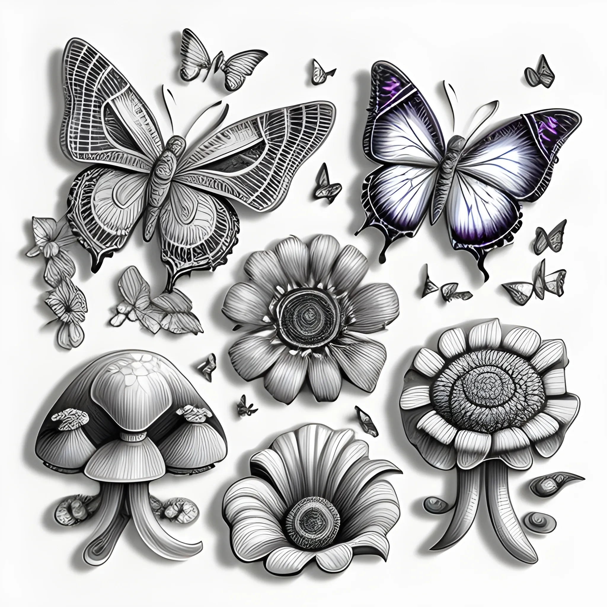 Sloth flowers butterflies mushrooms, Trippy, 3D, Pencil Sketch
