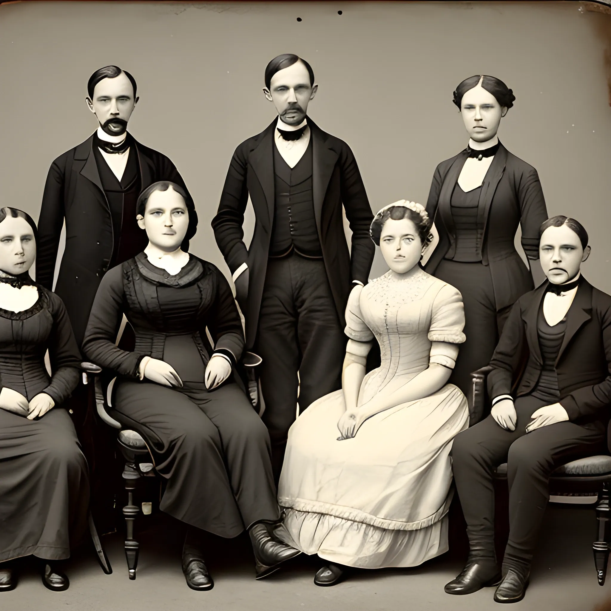 A portrait photography of a bunch of victorian librarians, two mens and seven womans