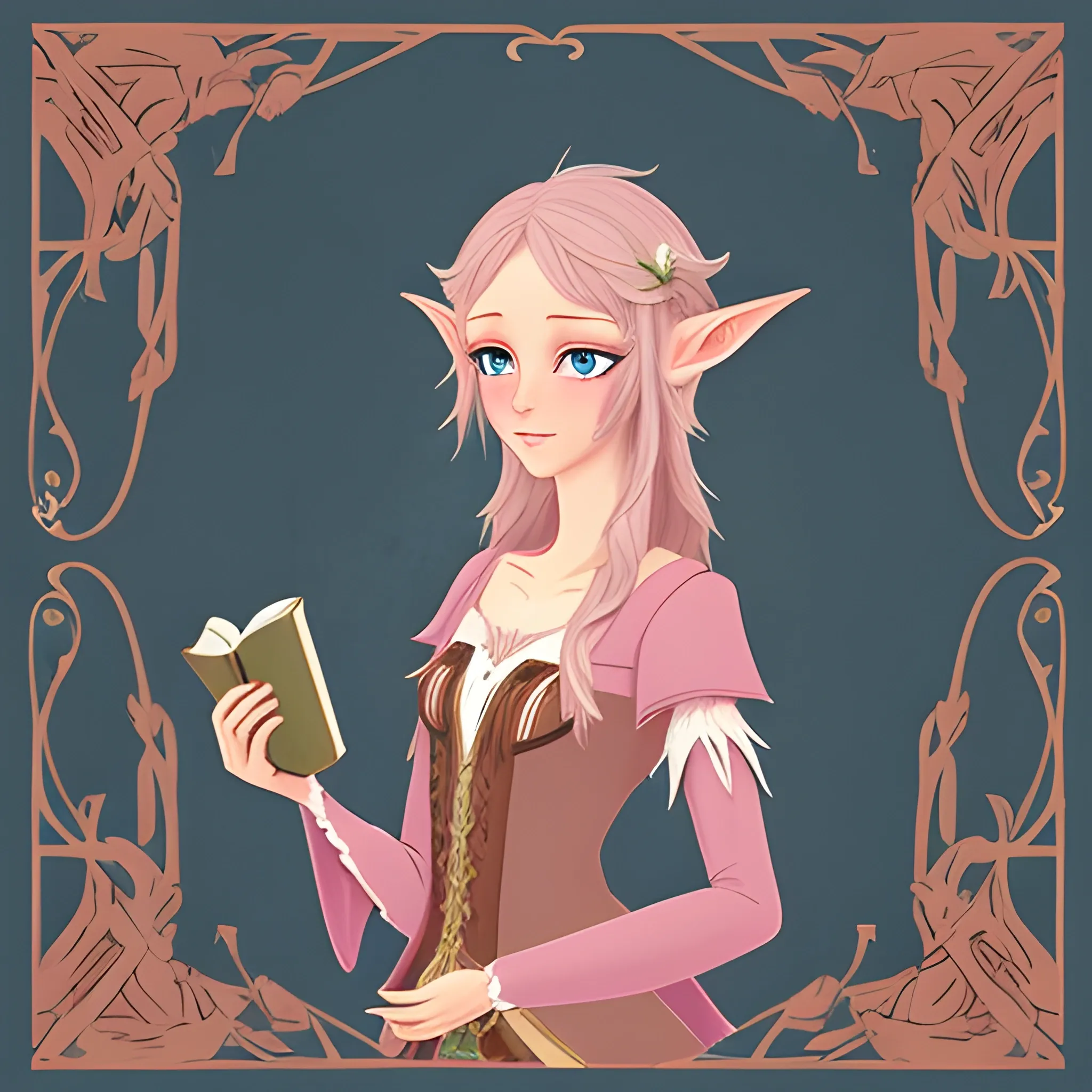 2D European storybook aesthetic style, blushing shy wood elf
