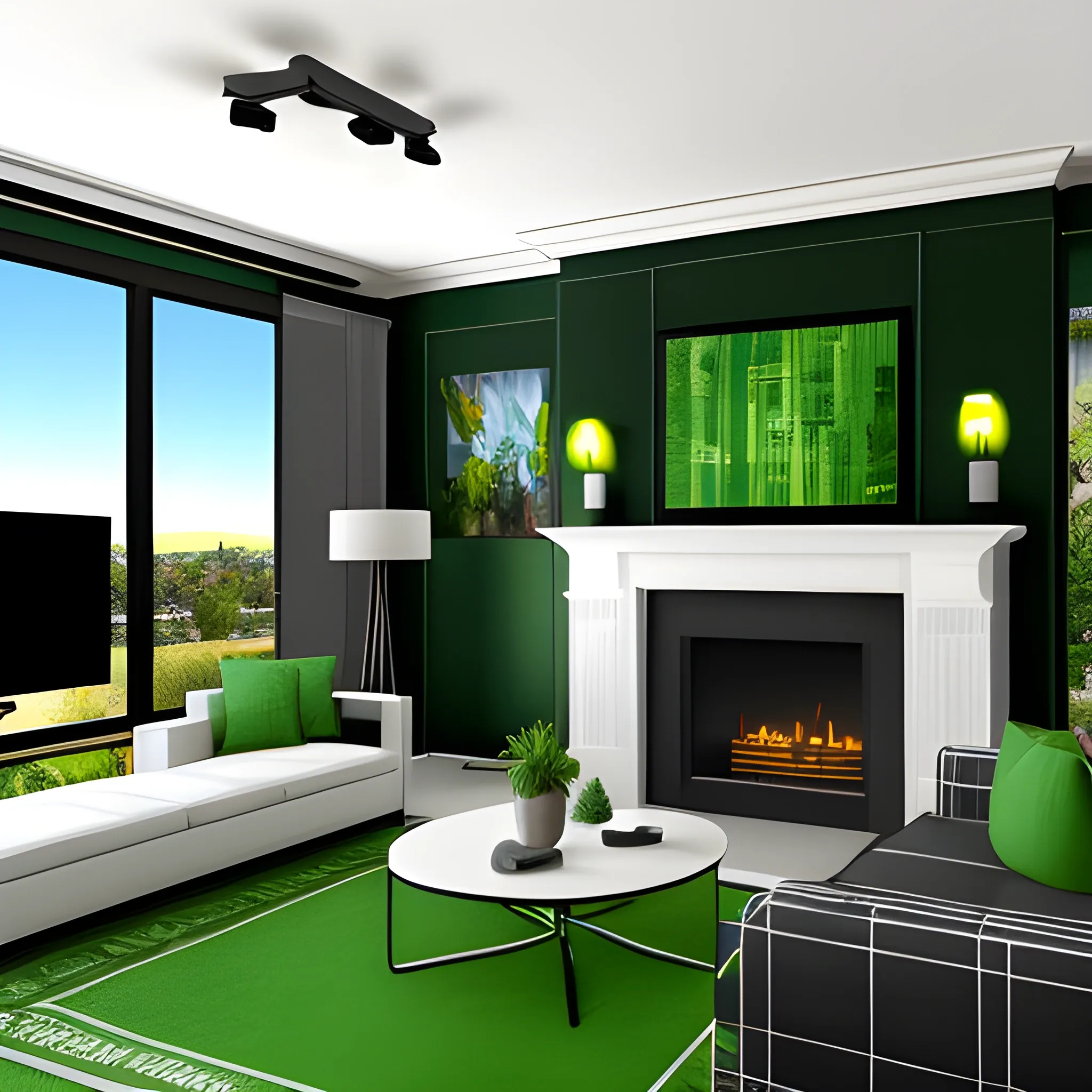 a modern villa living room in los angeles with black green color wall 
, 3D