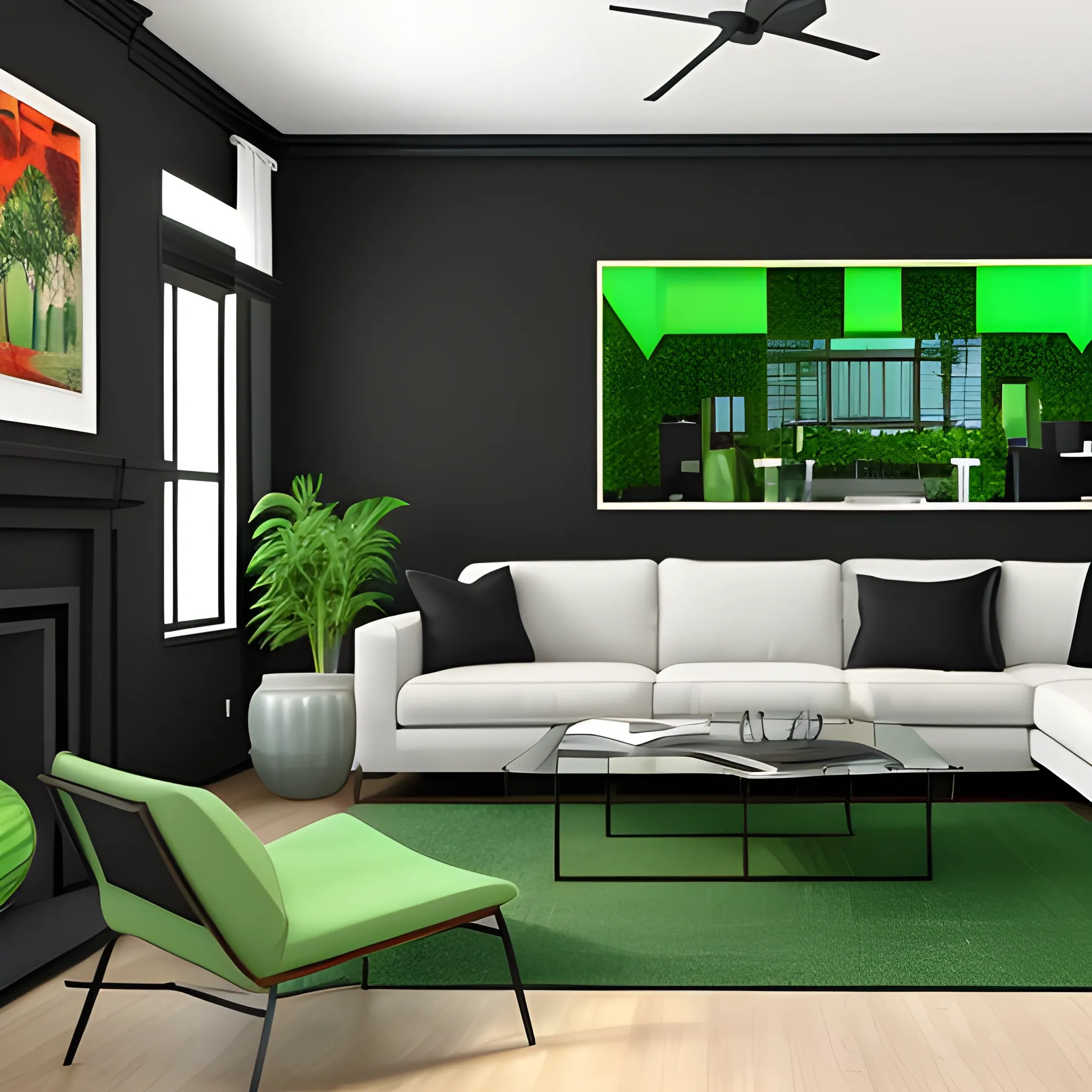 a modern villa living room in los angeles with black green color wall 
, 3D