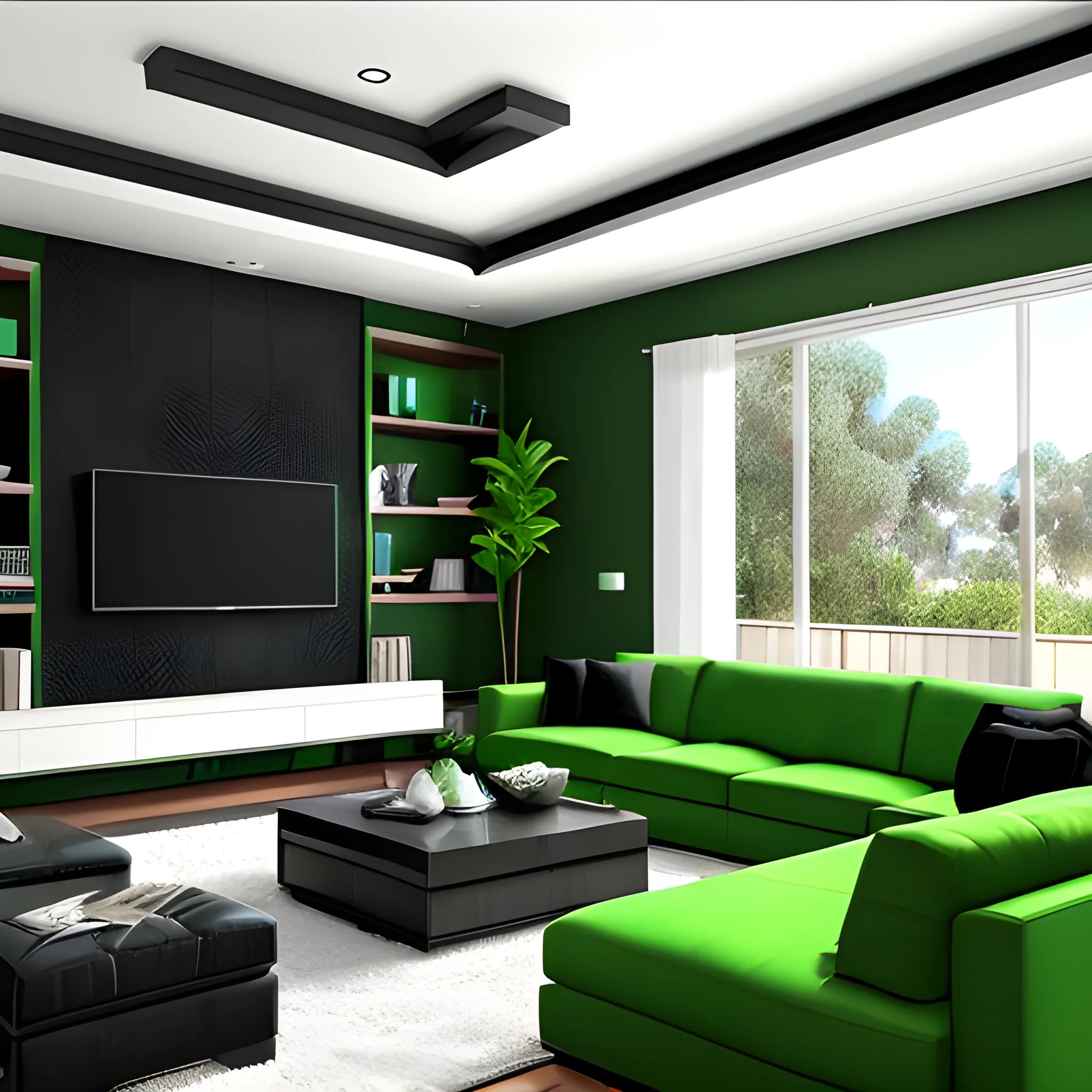 a modern villa living room in los angeles with black green color wall 
, 3D