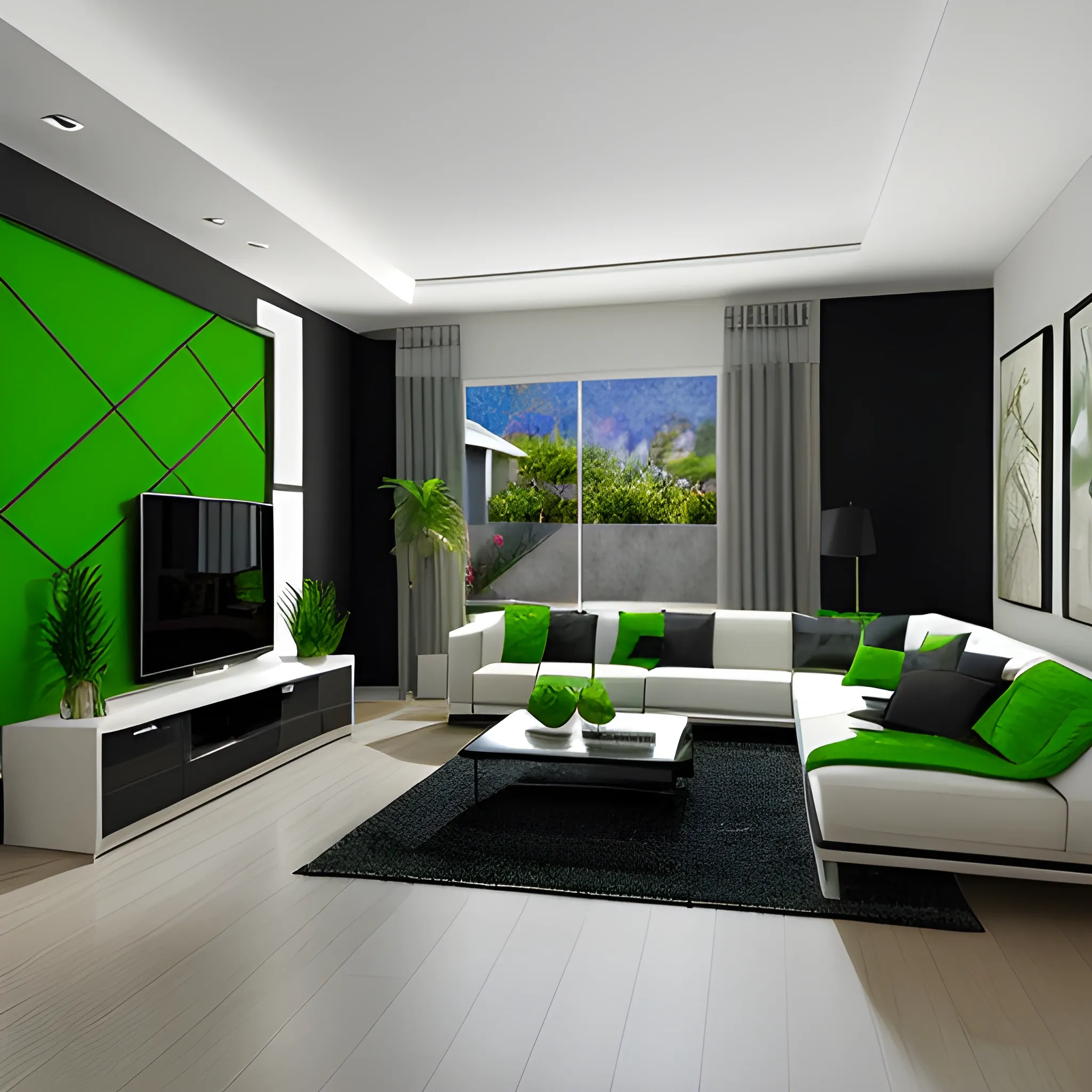 a modern villa living room in los angeles with black green color wall 
, 3D