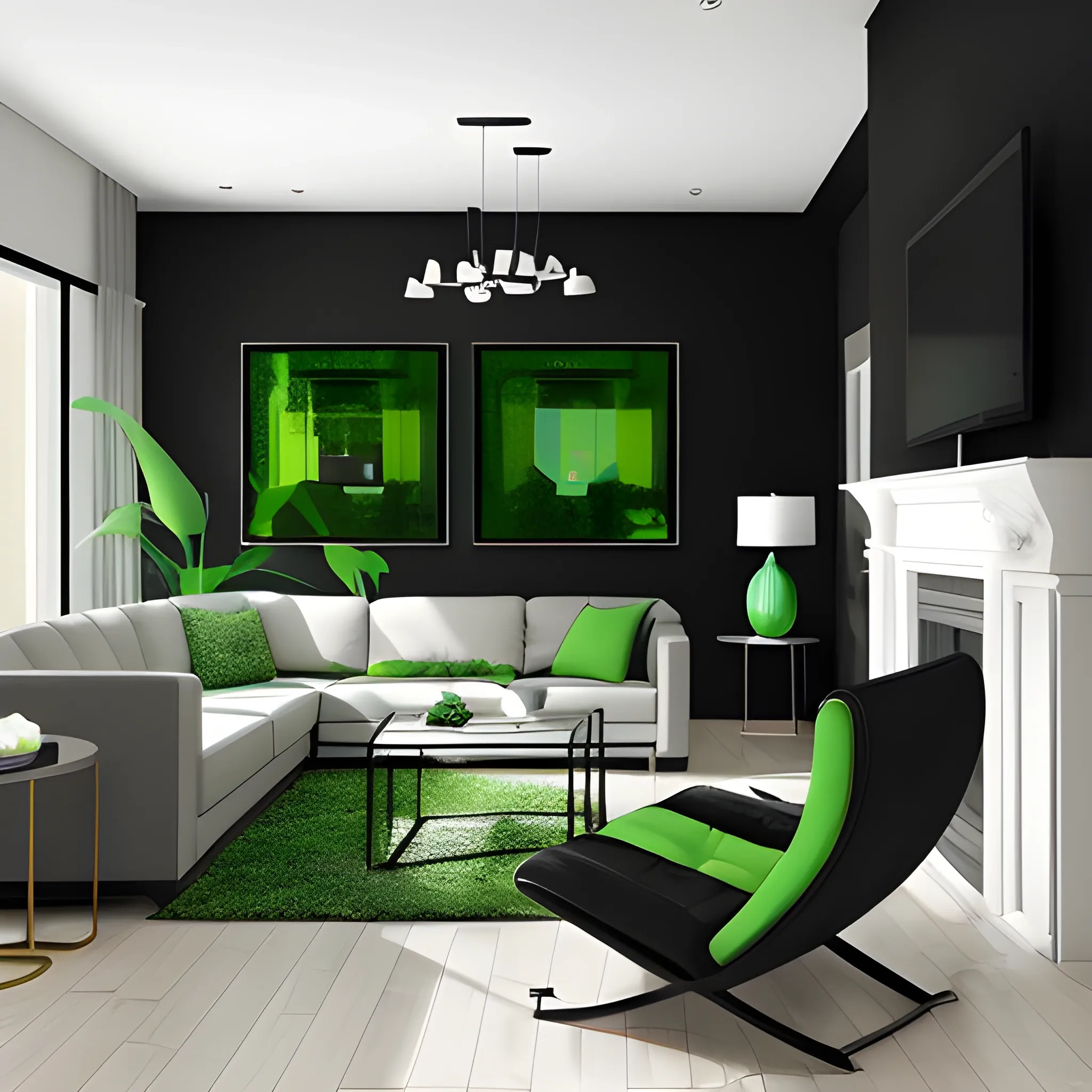 a modern villa living room in los angeles with black green color wall 
, 3D