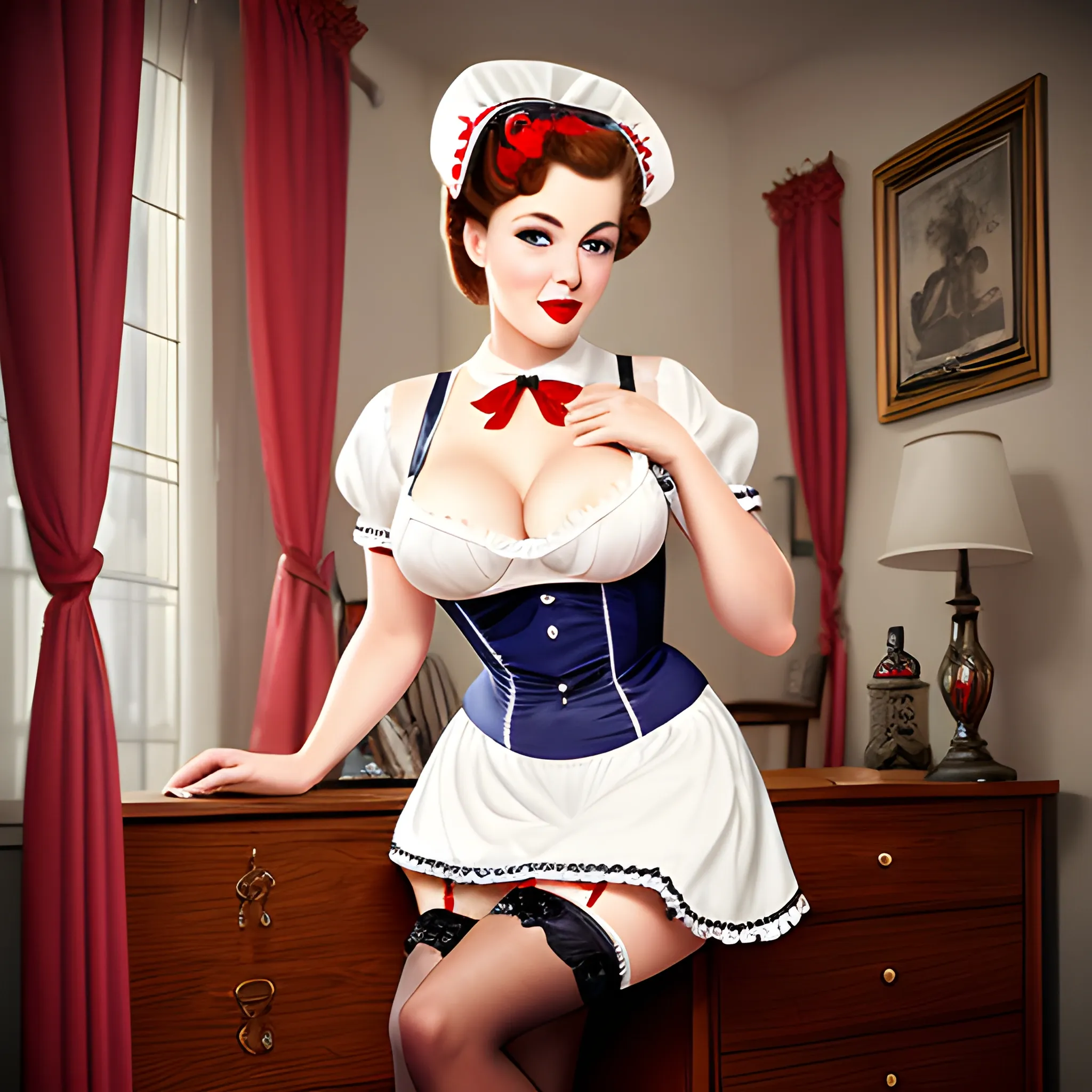 woman in room maid costume, pinup, detailed eyes, thigh stockings, deep decolletage, realistic photo