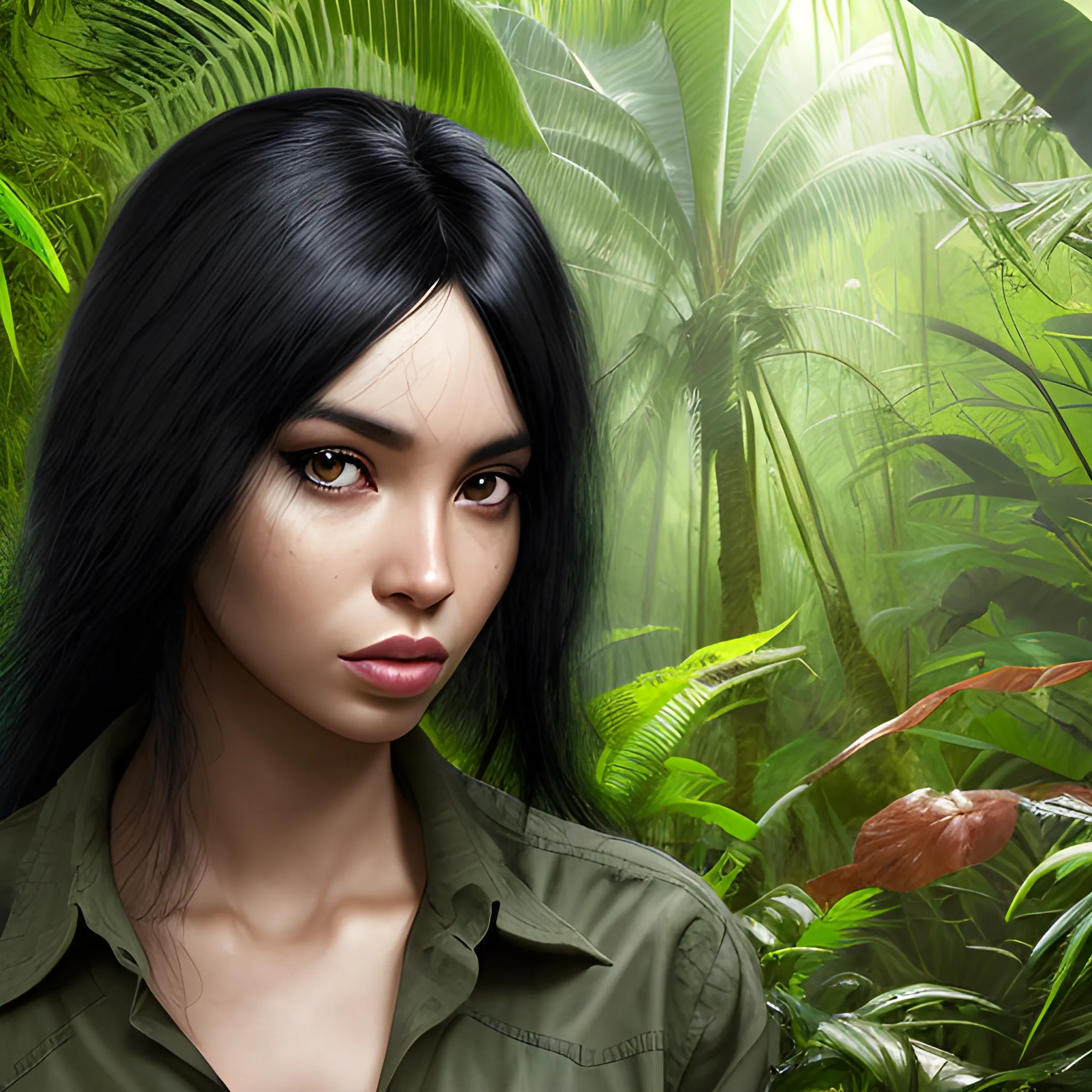 woman, Black hair, realistic photo, jungle - Arthub.ai