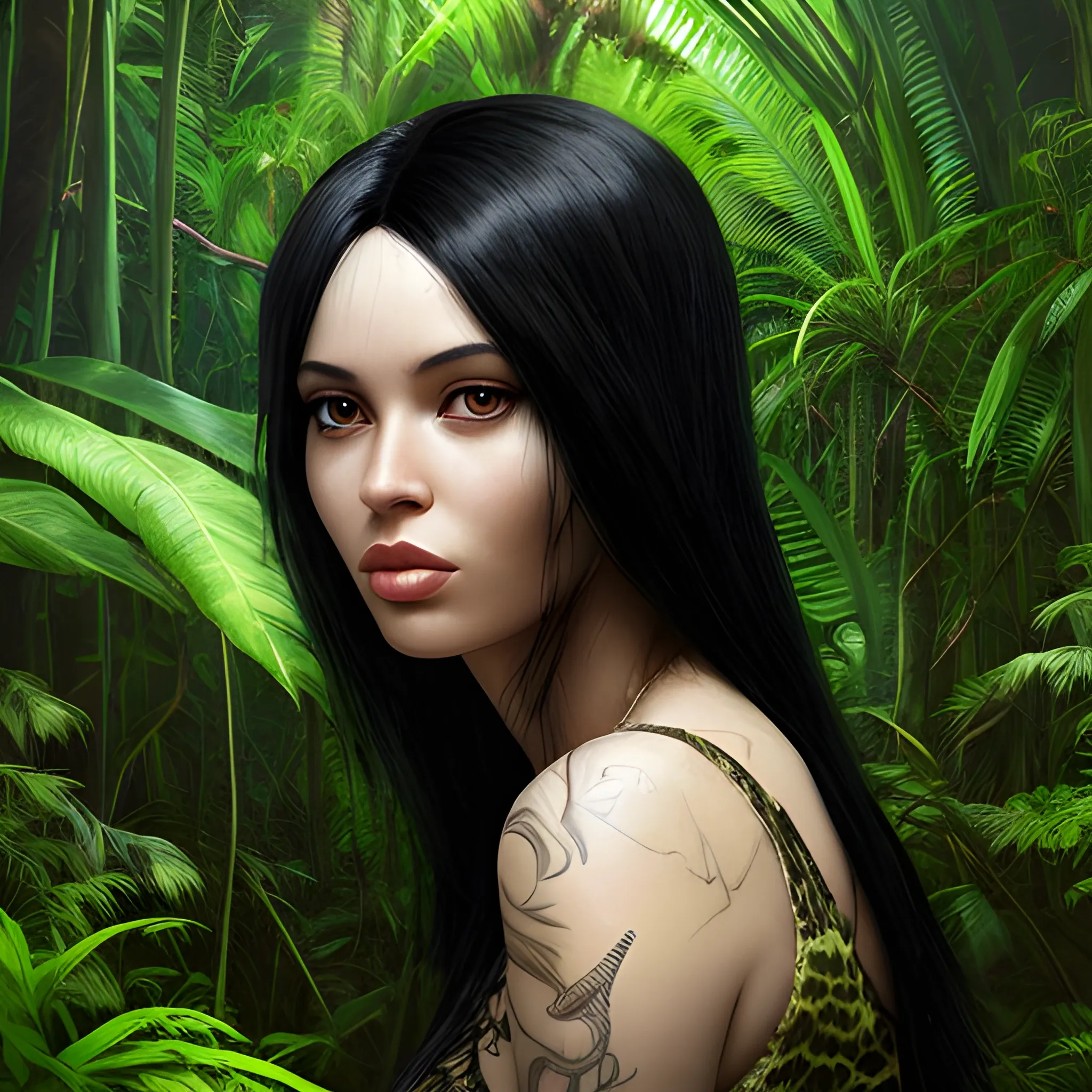 woman, Black hair, realistic photo, jungle

