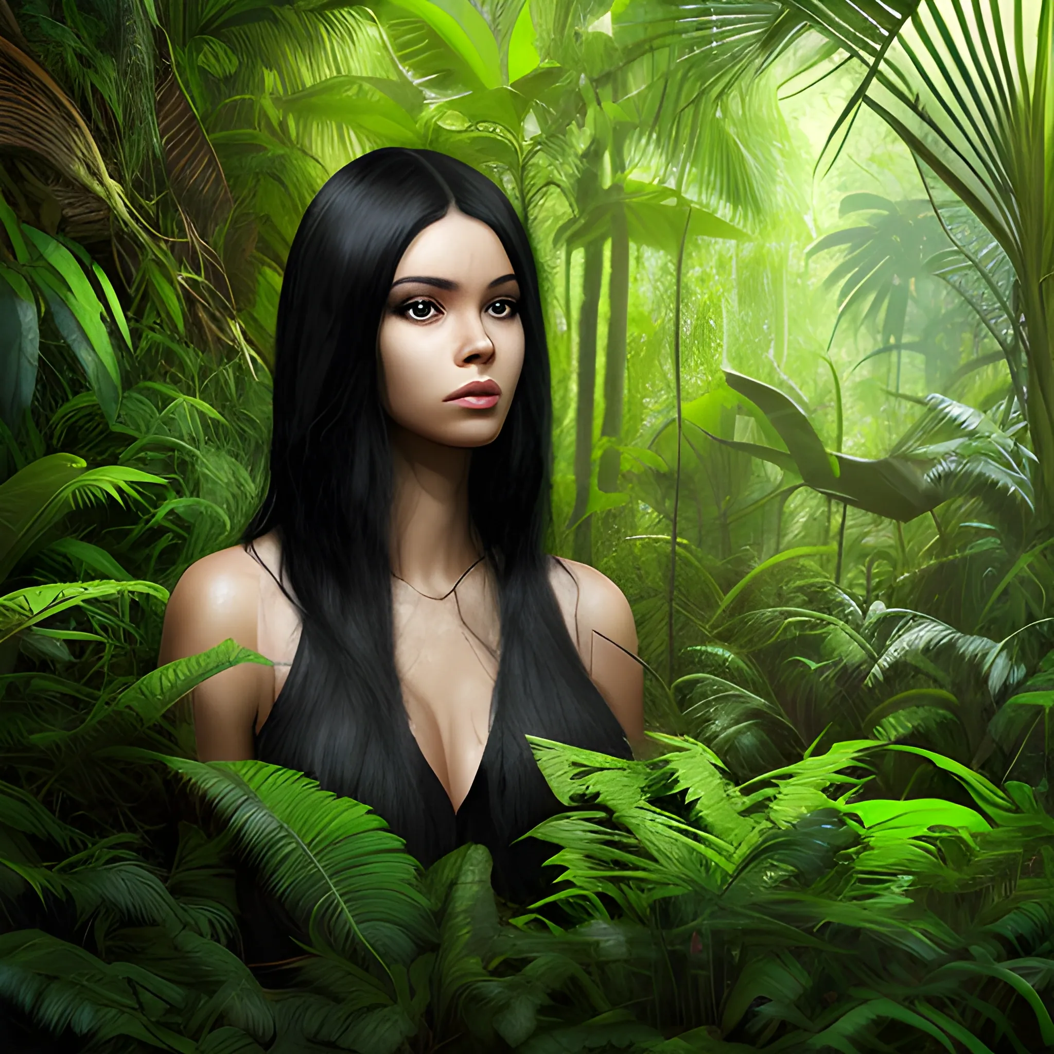 woman, Black hair, realistic photo, jungle, real

