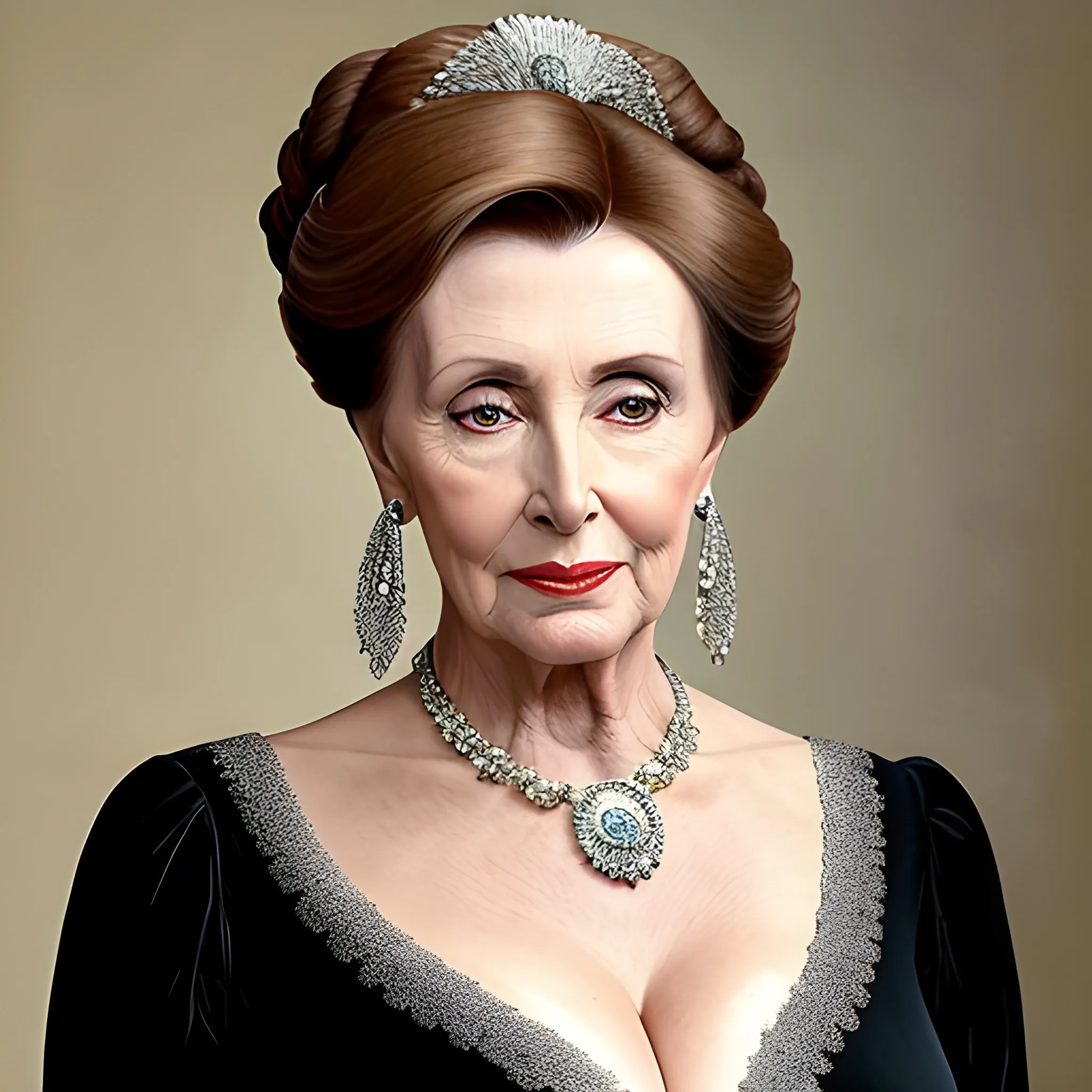 In the elegance of the Edwardian era, envision a captivating portrait that portrays Nancy Pelosi as a resolute governess. This artwork embodies her commanding presence and the strength she exudes in her role as a caretaker and educator.

In this portrait, Nancy Pelosi stands tall, exuding an air of authority and grace. Every brushstroke meticulously captures her regal features, from the determination in her eyes to the gentle curve of her lips. The artist skillfully portrays her in a manner that encapsulates both her firmness and her nurturing nature.

The composition of the portrait is carefully crafted, placing Nancy Pelosi in a refined and sophisticated setting. The colors chosen by the artist evoke the richness and opulence of the Edwardian era, adding depth and authenticity to the scene. The background, adorned with period details and elegant furnishings, sets the stage for her role as a governess in this esteemed time.

The details within the artwork are exquisite, with intricate elements that highlight her knowledge and expertise. From the meticulous attention to her attire, reflecting the fashion of the era, to the presence of books and educational materials, every aspect of the portrait speaks to her commitment to imparting knowledge and values.

This portrait is a celebration of Nancy Pelosi's unwavering dedication as a governess, capturing her ability to guide and shape young minds with wisdom and compassion. It serves as a testament to her influence in molding future generations and fostering a sense of curiosity and growth.

In this fusion of artistic brilliance, we are invited to appreciate Nancy Pelosi's remarkable role as a governess in the Edwardian era, where her strength, wisdom, and nurturing spirit shine brightly.

Her dress is moderate and modern, with plunging neckline revealing her beautiful big eyecatching breathtaking beautiful enormous bulging explosive breasts and deep cleavage, , Oil Painting