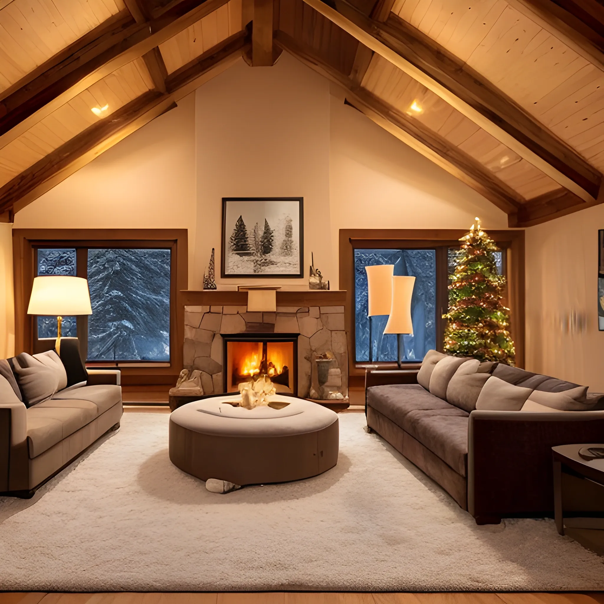 A lodge with a double-height ceiling living room with a large, floor-to-ceiling window on one. Outside is a dark snow-covered landscape. The living area is furnished with plush, contemporary sofas and chairs in neutral tones, grouped around a low, central coffee table. The room's color palette is composed of dark brown and warm tones, with the soft lighting from various lamps adding a cozy ambiance. The room has a fireplace, that is providing heat and warmth.