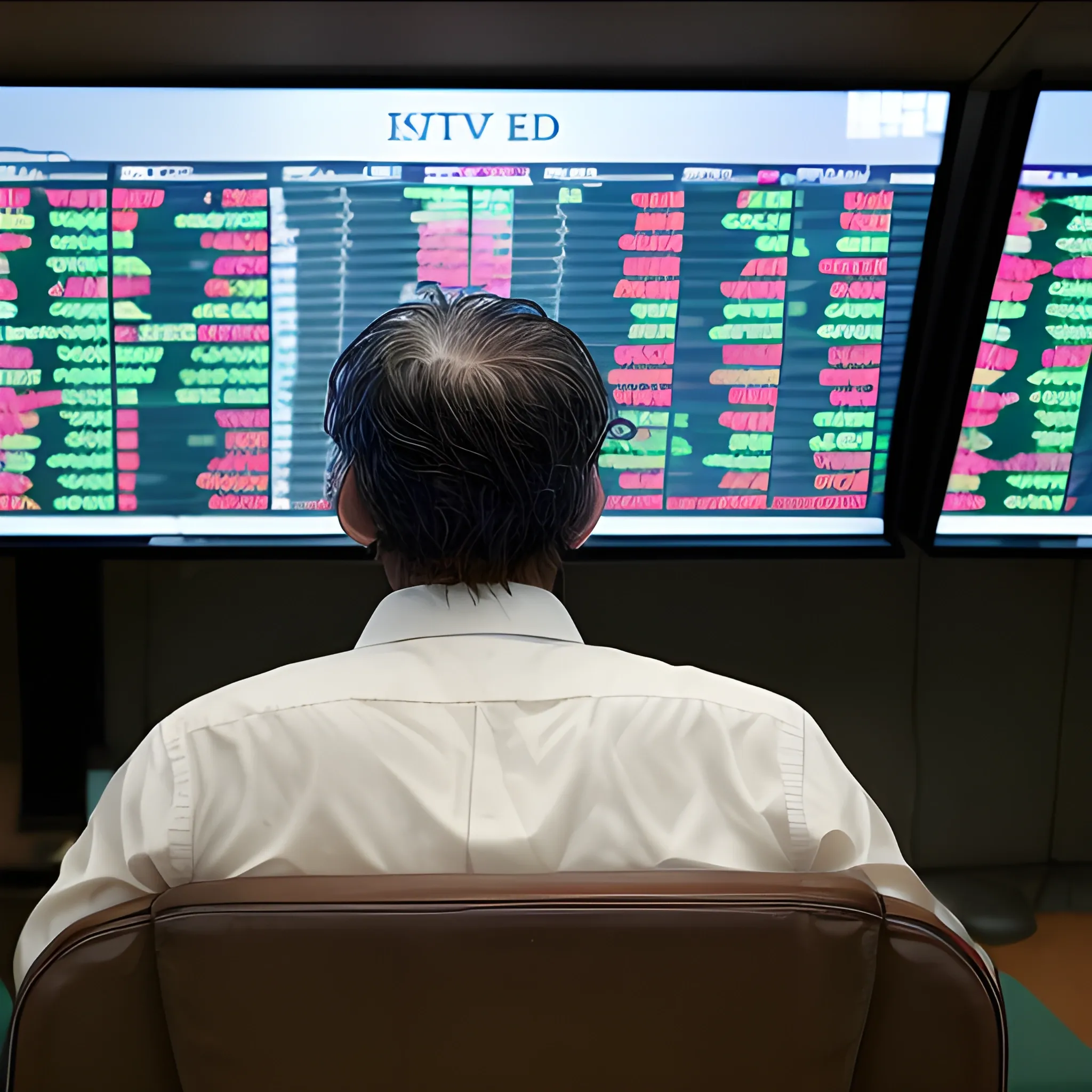 A gaunt man who lost money on the stock market sat in a chair facing the screen,