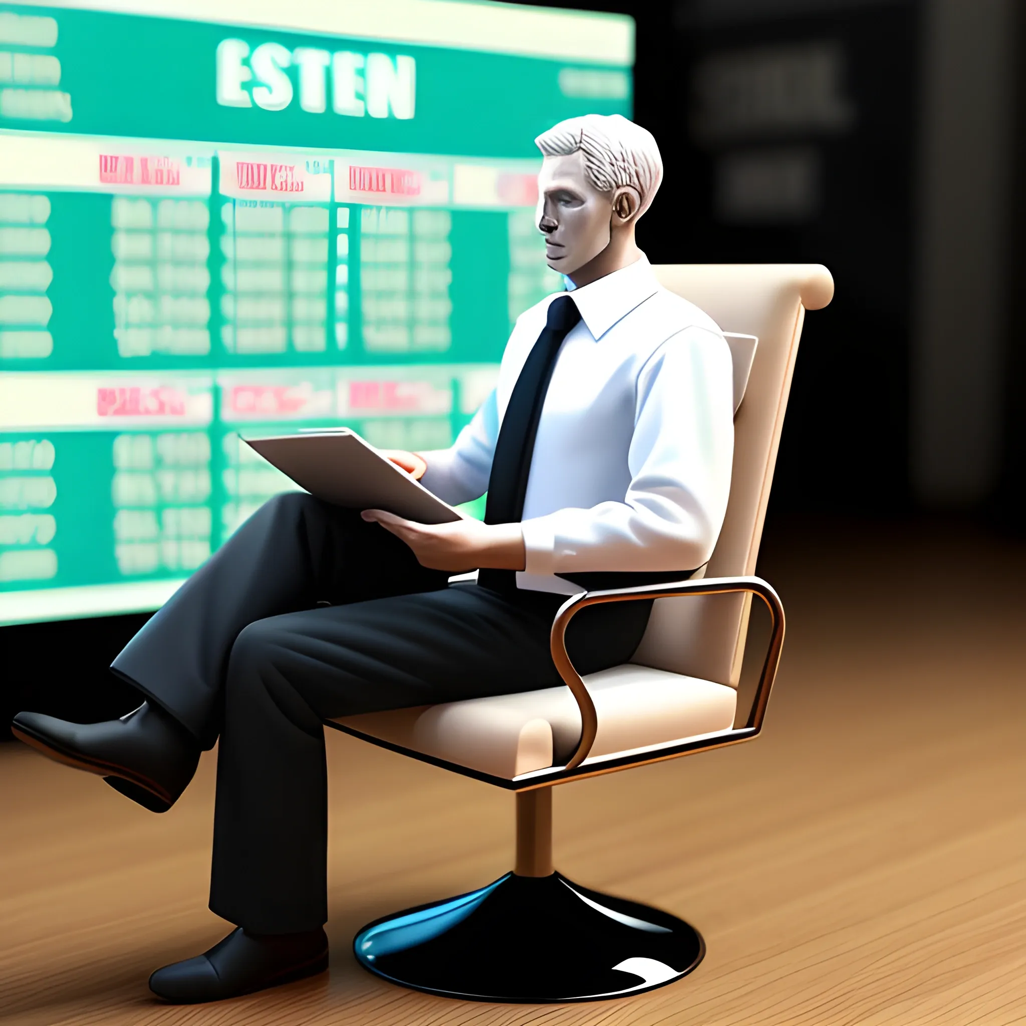 A gaunt man who lost money on the stock market sat in a chair facing the screen,, 3D