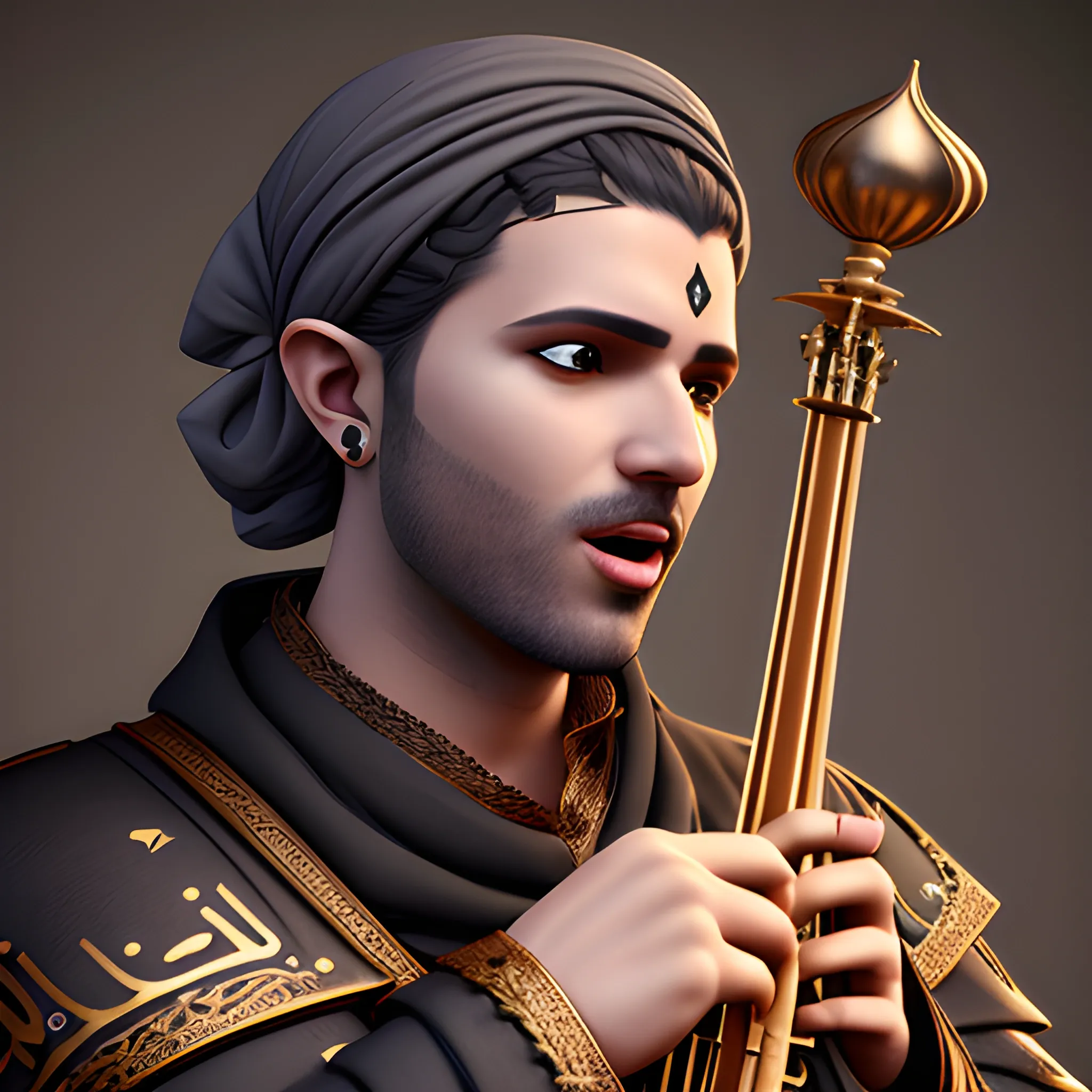 men with a music instrument, singing barde, dnd character design, arabic origin skin, 3d design, realistiv portrait, 3D, 3D