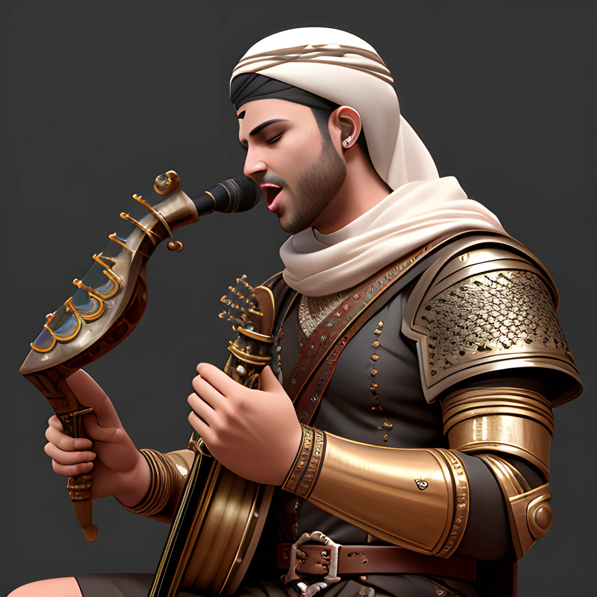 male muscian singing with a music instrument, singing barde, dnd character design, arabic origin skin, 3d design, realistiv portrait, 3D, 3D, Oil Painting