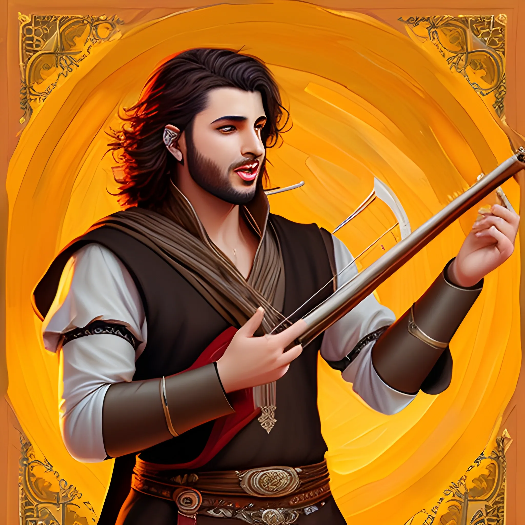 male muscian singing with a music instrument, singing barde, dnd character design, arabic origin skin,  Oil Painting