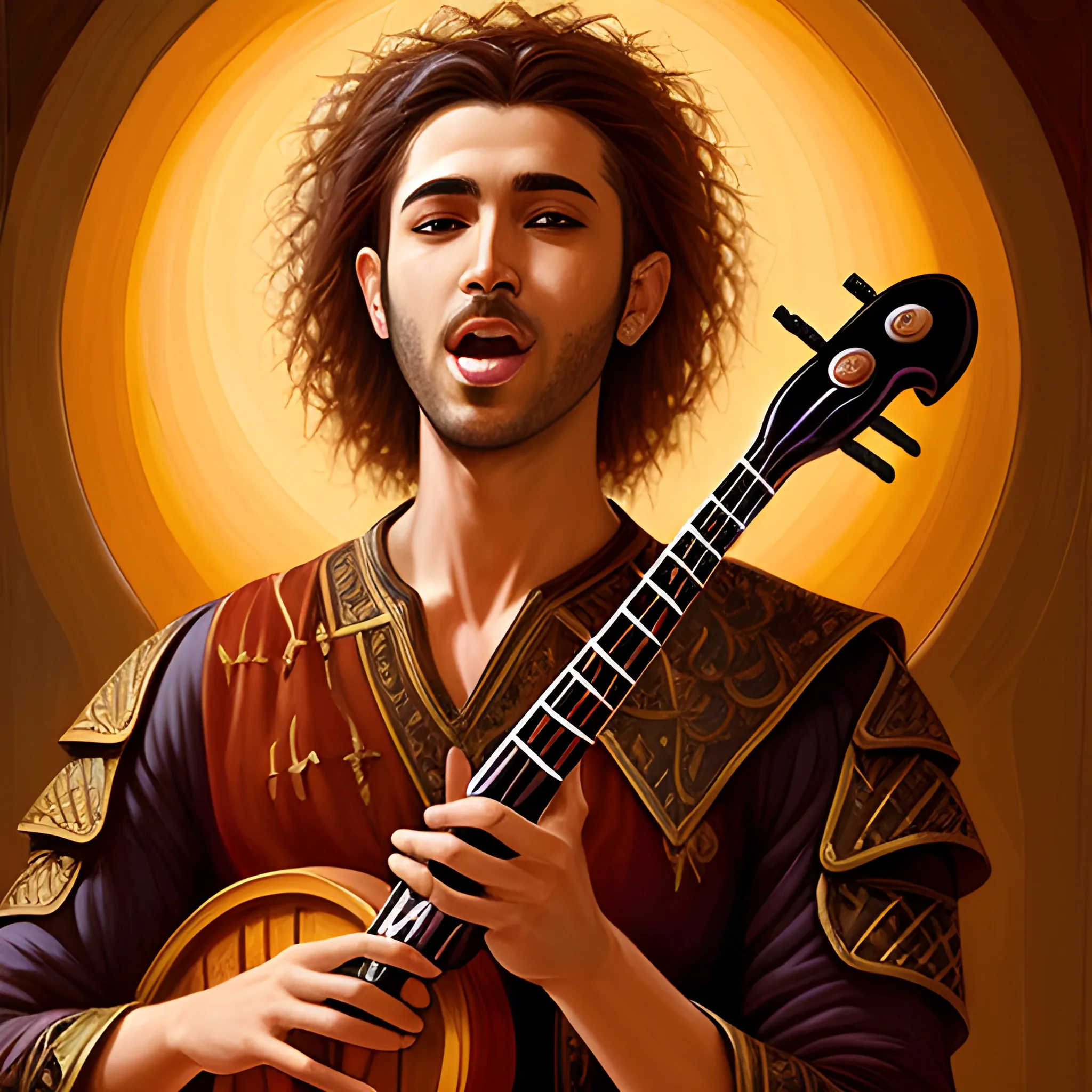 portrait of a male musician singing with a music instrument, singing barde, dnd character design, arabic origin skin,  Oil Painting