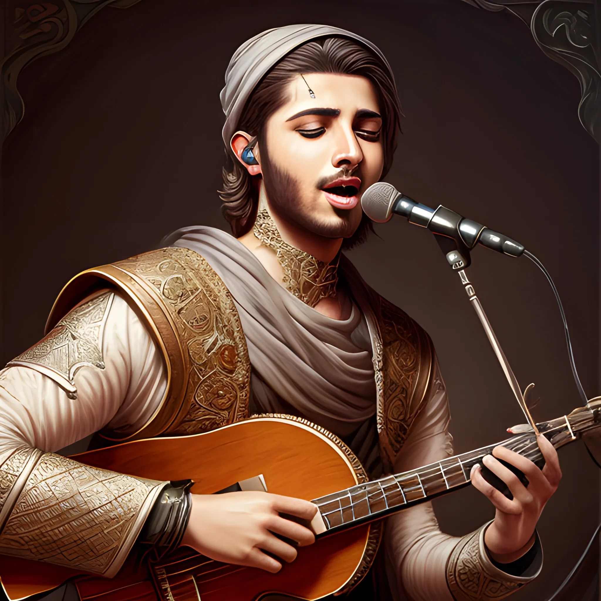 portrait of a male musician singing with a music instrument, singing barde, dnd character design, arabic origin skin,  Oil Painting, highly detailed, fine artwork